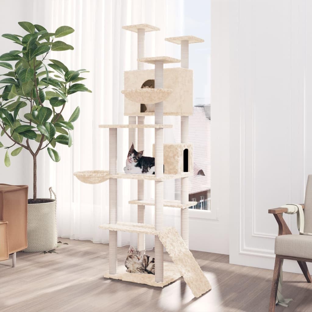 Kratzbaum mit Sisal-Kratzsäulen Creme 191 cm stabil kompakt mit Plüsch, Holz massivholz Katzenmöbel Kletterbaum Krallenpflege Kletterspaß Katzenzubehör Wohnzimmer Wohnung