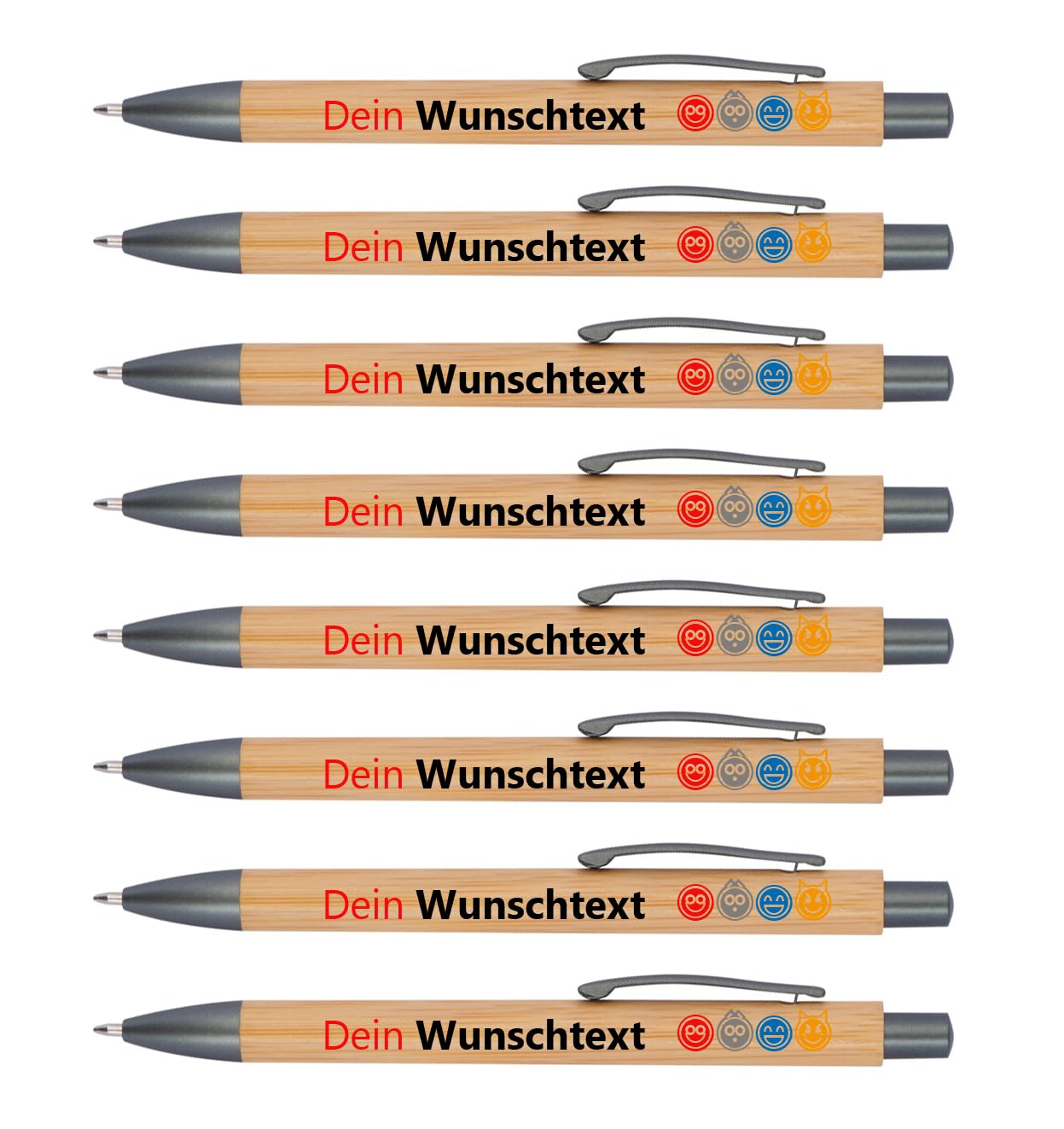 Personalisierte Bambus-Kugelschreiber mit Wunschdruck, Logos und Emojis | Umweltfreundliches Werbegeschenk | Hochwertiger Werbekugelschreiber als Geschenk für Messen | Blau schreibend (100Stück)