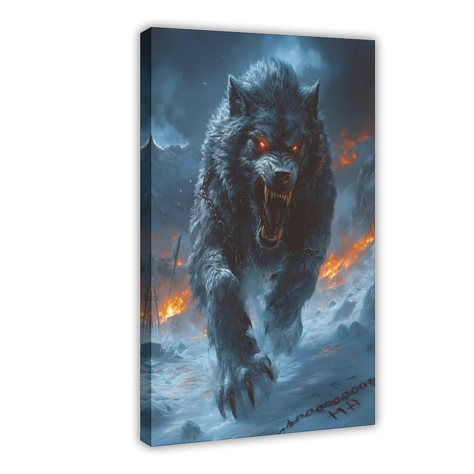 QGVBGF Fenrir, Norse Mythology Wolf, Ragnarok Beast Canvas Poster Bedroom Decor Landscape Office Room Decor Gift 24x36inch(60x90cm)