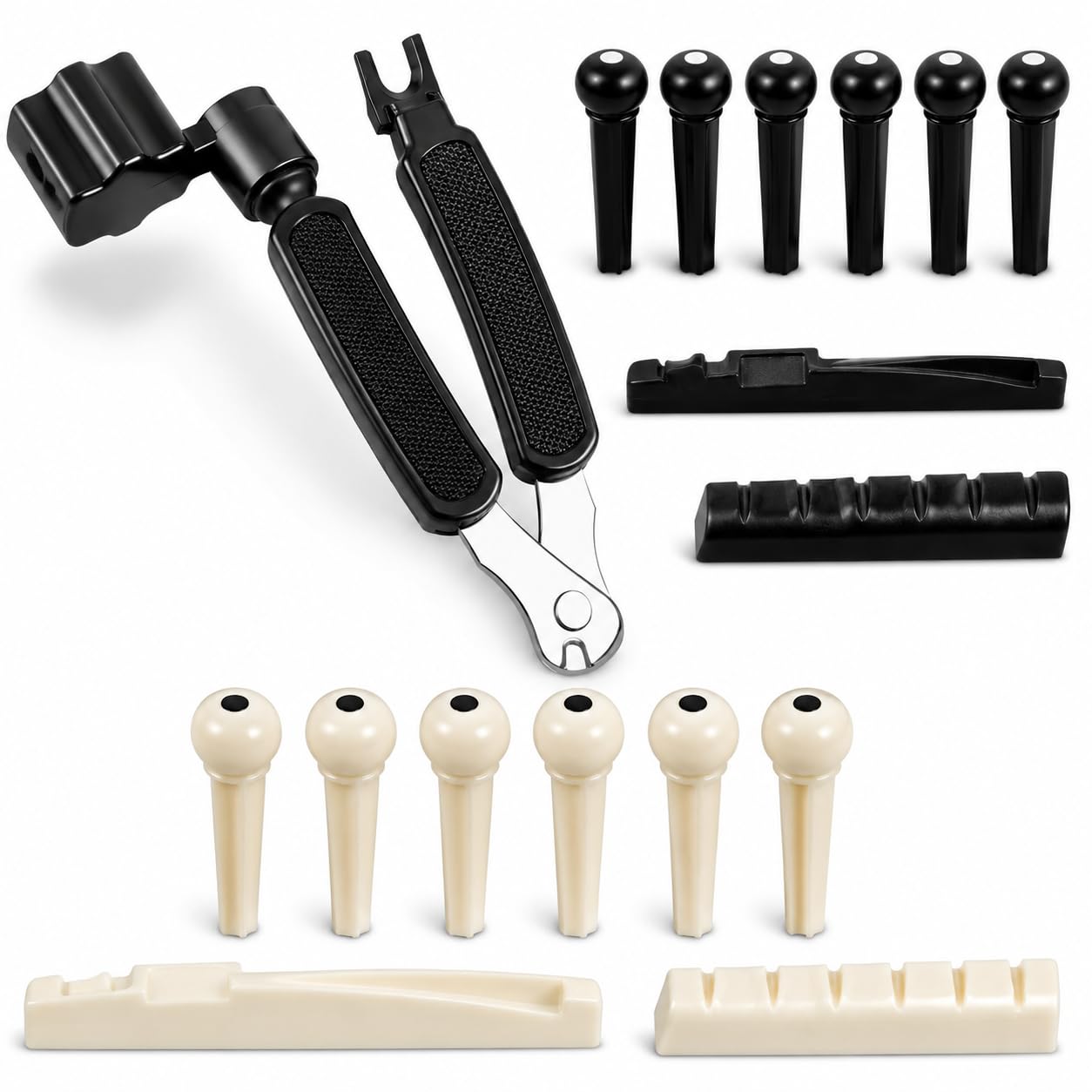 Imaginea Acoustic Guitar Bridge Pin Saddle Nut Set Combo with String Winder Tool | 6 Black & 6 Ivory Bridge Pins, 2 Saddles, 2 Nuts | Guitar Repair Replacement Kit for Acoustic Folk Guitar-image-15