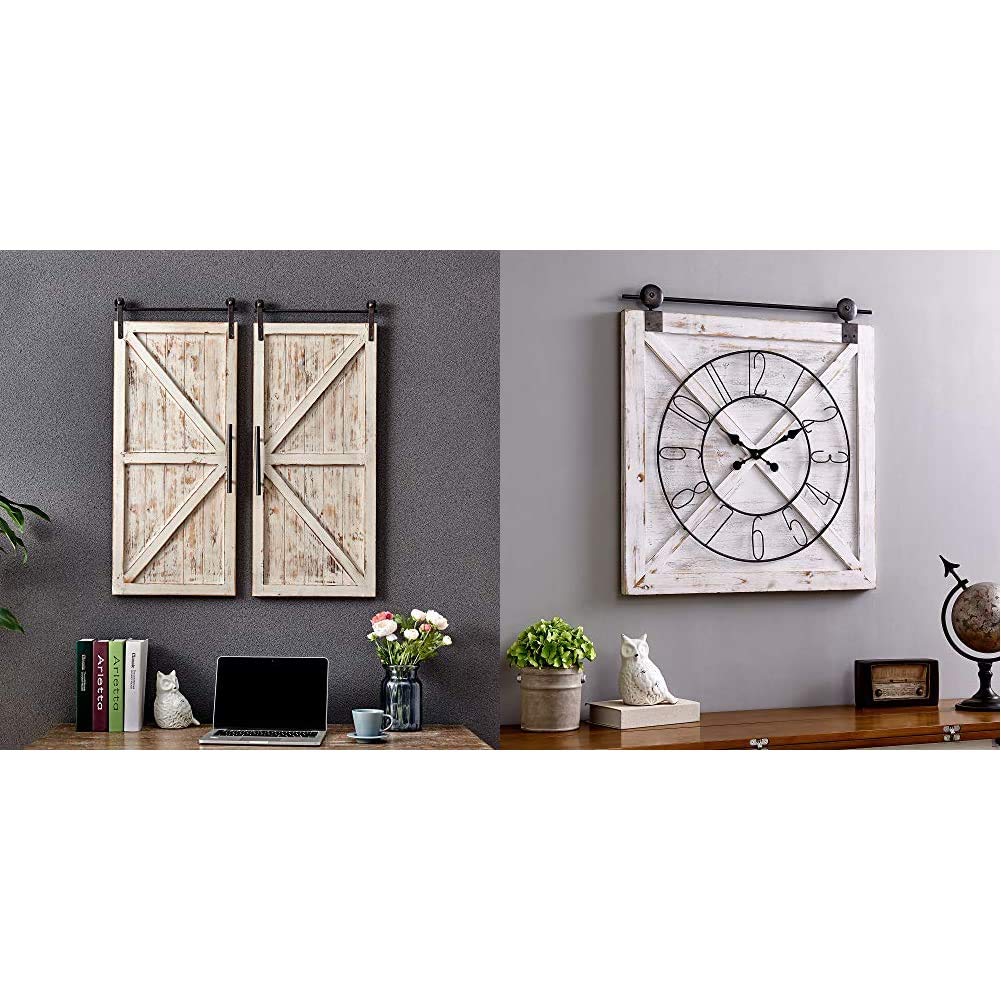 FirsTime & Co. Carriage House Barn Door Wall Plaque Set, 34%22L x 14%22W, Aged White, Metallic Gray & Farmstead Barn Door Wall Clock, 29%22H x 27%22W, Whitewash, Metallic Gray, Black
