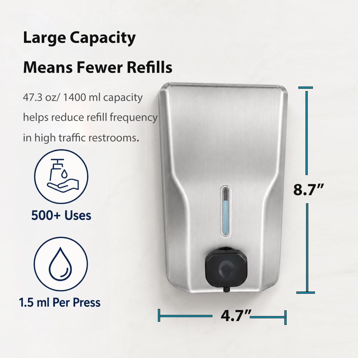 Commercial Stainless Steel Soap Dispenser, 47.3oz Large Capacity Wall Mount image 4