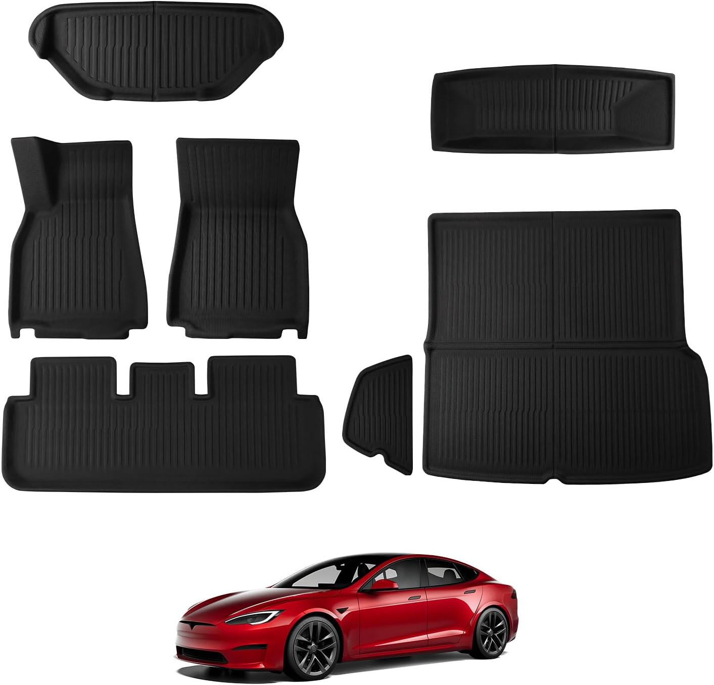 BASENOR 2026 7PCS Floor Mats for Tesla Model S Model S Plaid 3D Material Cargo Liners All-Weather Car Mats Anti-Slip Trunk Mat Model S Accessories Custom Fit 2021-2026
