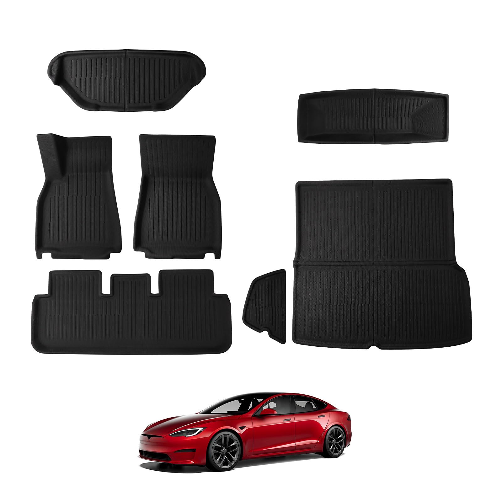 BASENOR 2026 7PCS Floor Mats for Tesla Model S Model S Plaid 3D Material Cargo Liners All-Weather Car