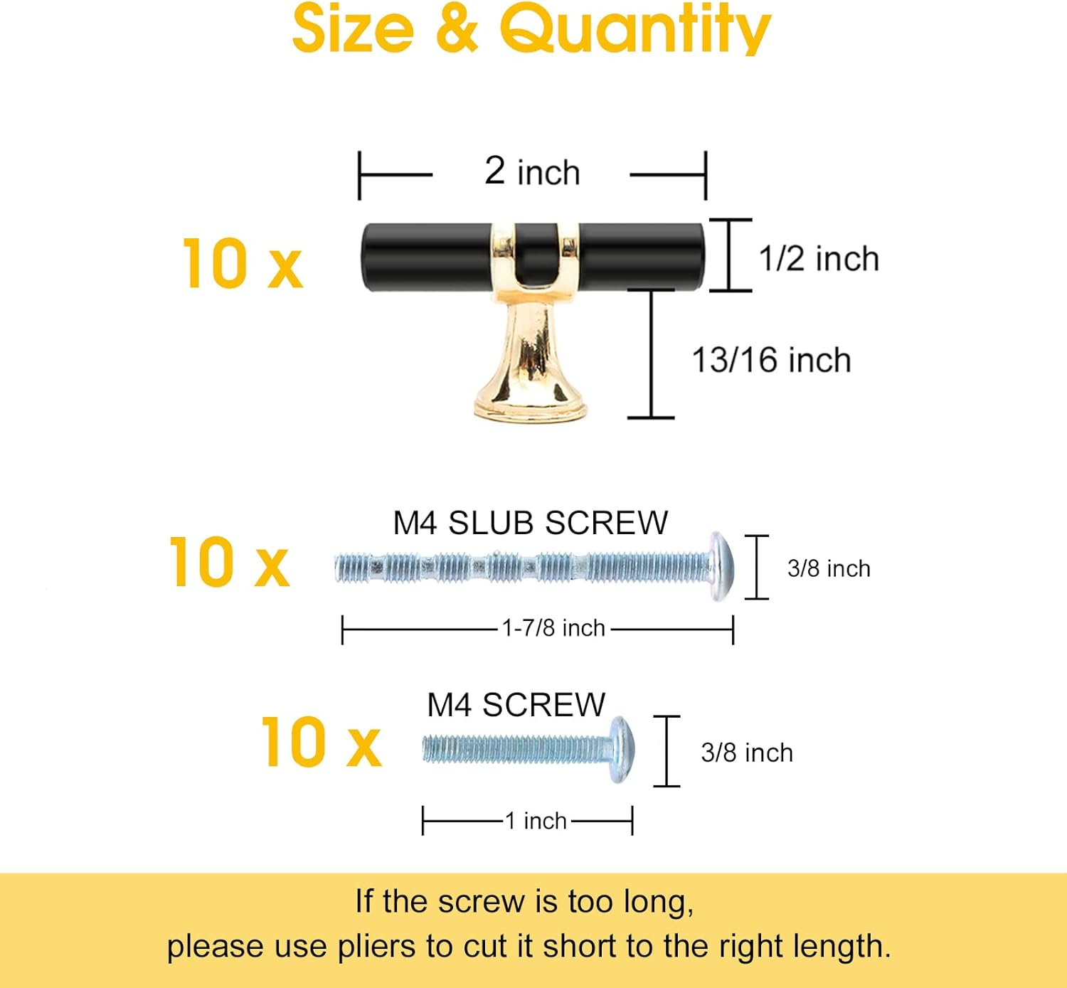 LEIFENY 10 Pack Black and Gold Cabinet Pulls T Bar, Single Hole Knobs for Kitchen Bathroom Cupboard, Pull Handles for Dresser Drawer