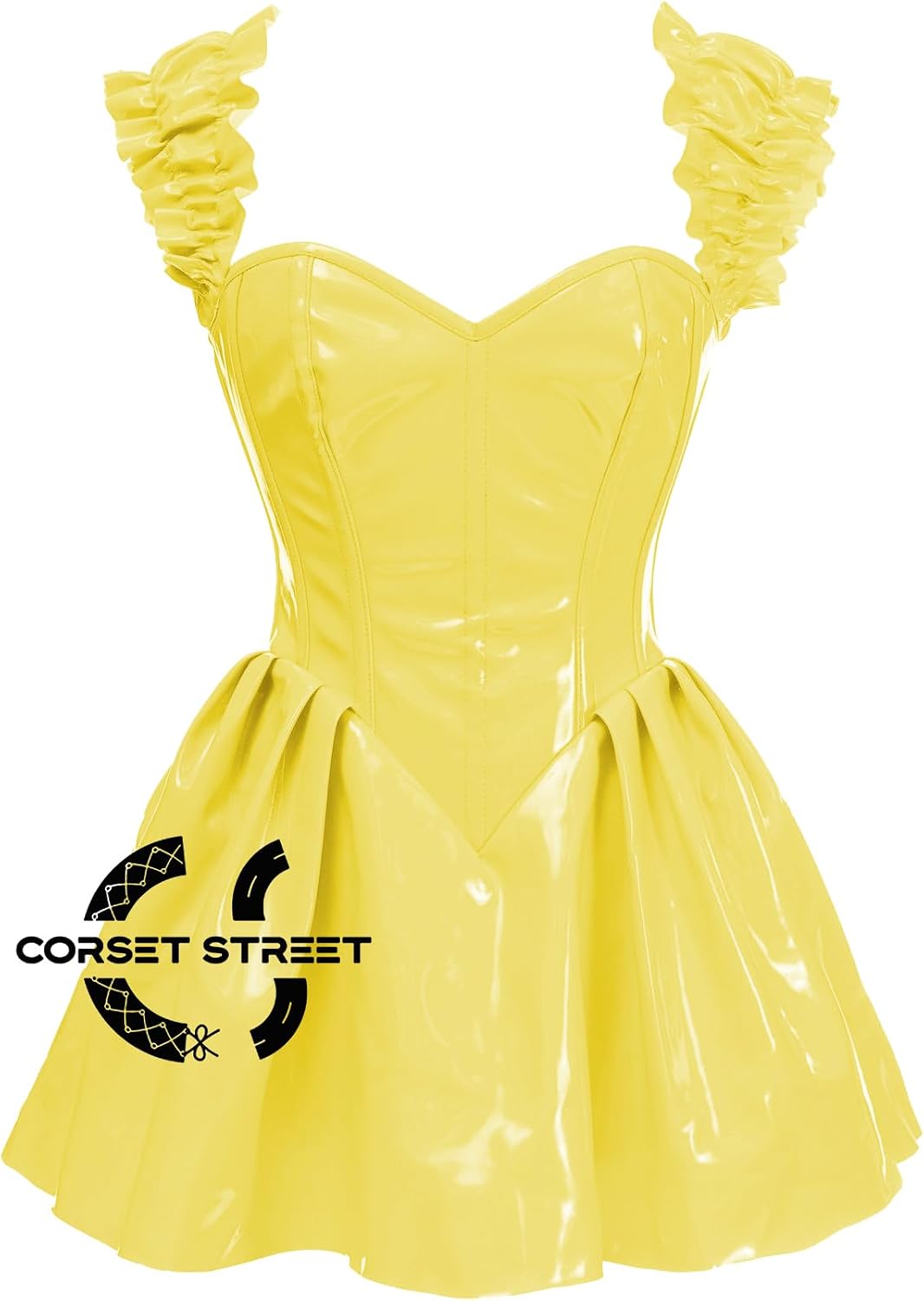 Women’s Yellow PVC Leather Shoulder Strap Overbust Corset Dress Gothic Costume