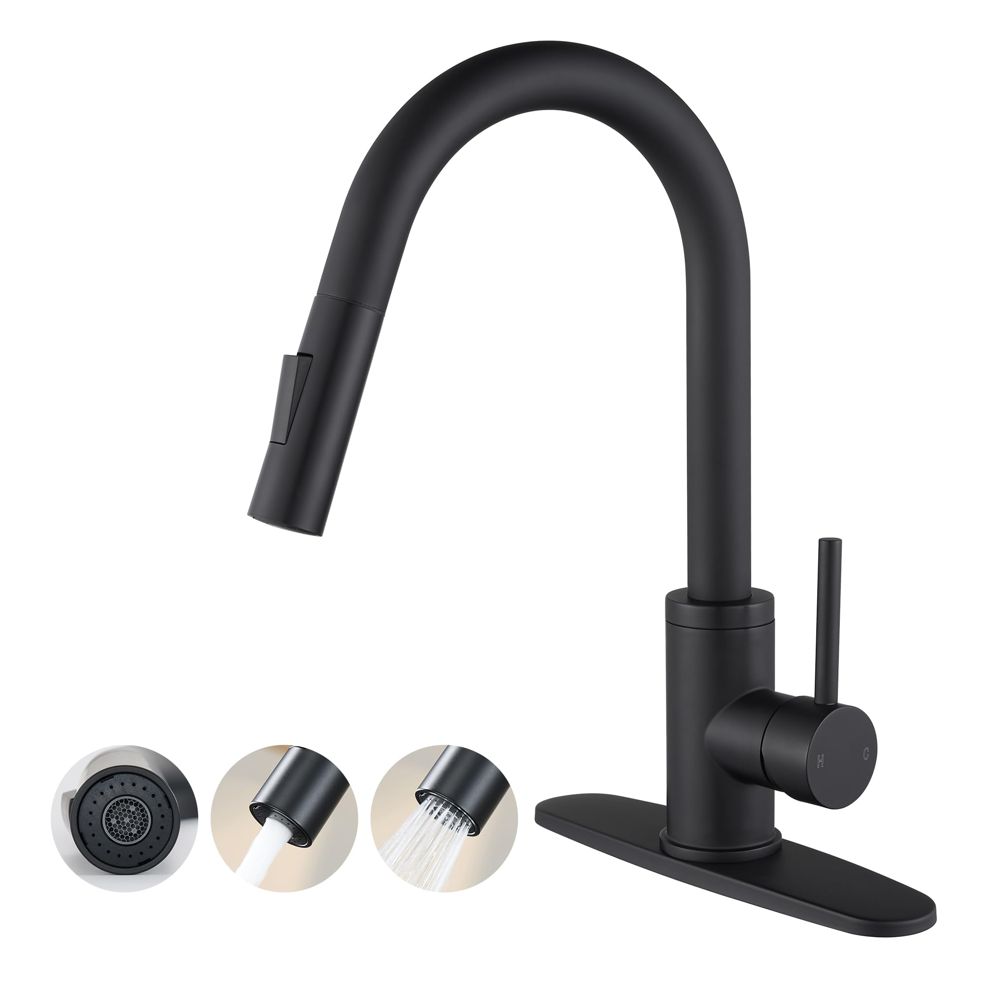 KPW Kitchen Faucets, Matte Black Kitchen Faucet with Pull Down Sprayer, High Arc Single Handle Stainless Steel Sink Faucets 1 or 3 Hole, Kitchen Sink Faucets for Farmhouse Campervan Laundry RV