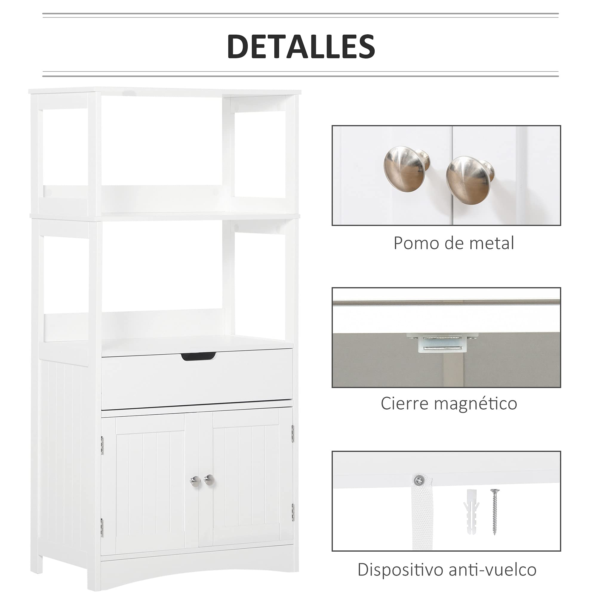 kleankin Armario de Baño con 3 Estantes y Cajón 60x33x122,5 cm Blanco | 2 Puertas, Mueble de Almacenamiento de Suelo, Moderno, para Cocina Dormitorio Salón