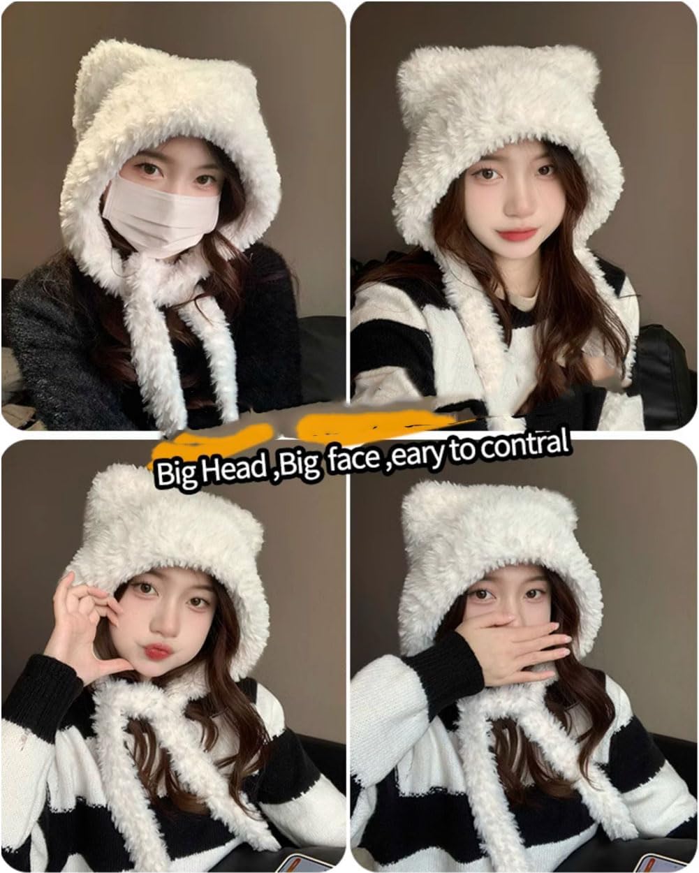 Women Winter Beanie Hats Knit Ear Flaps Cute Stuffed Bear Ears Fleece Lined Fluffy Ski Snow Hat - Image 5