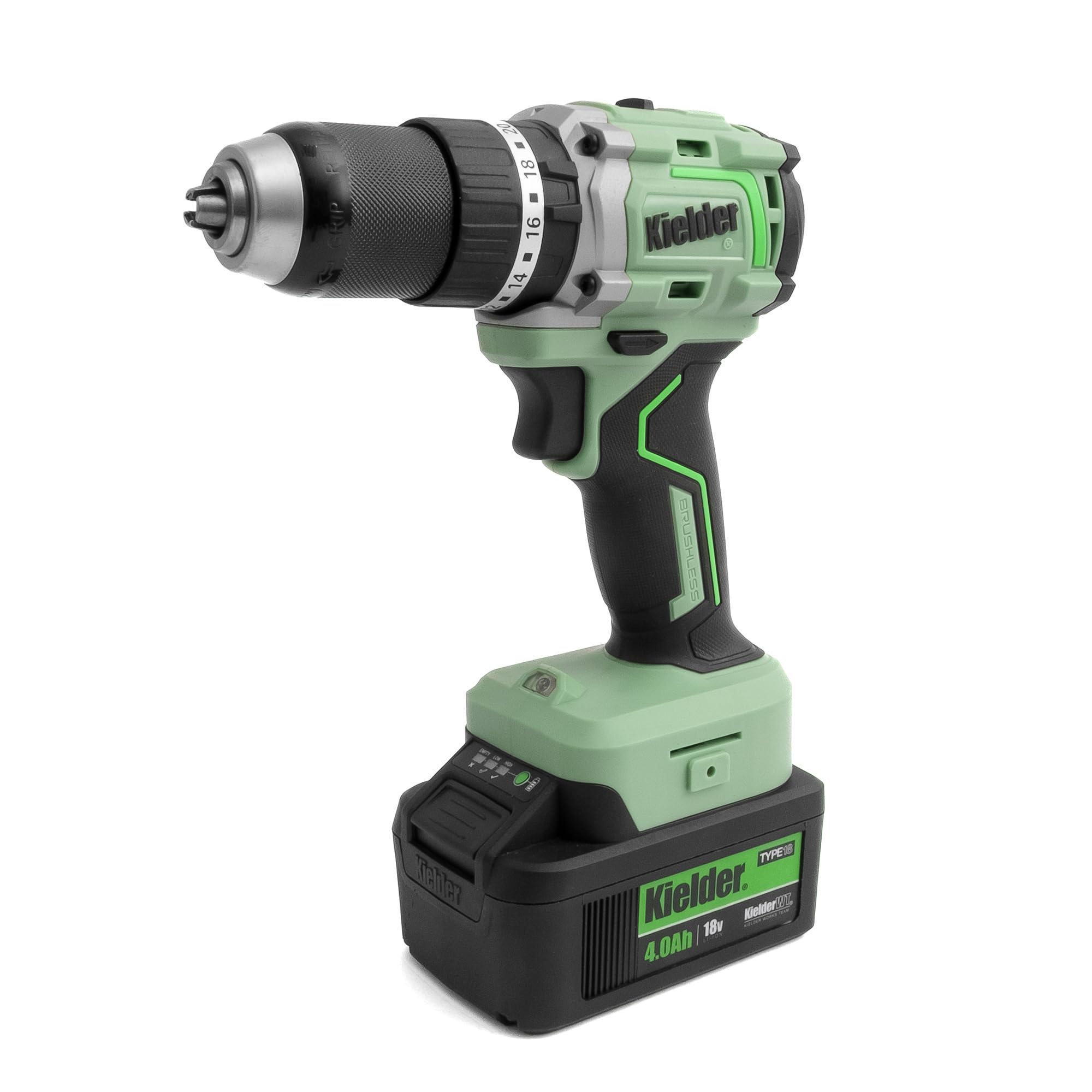 Kielder KWT-020-03 TYPE18 Kit de perceuse combiné ultra compact 18 V 13 mm 75 Nm, 2 batteries 4,0 Ah, chargeur, clip ceinture et étui de transport Pro