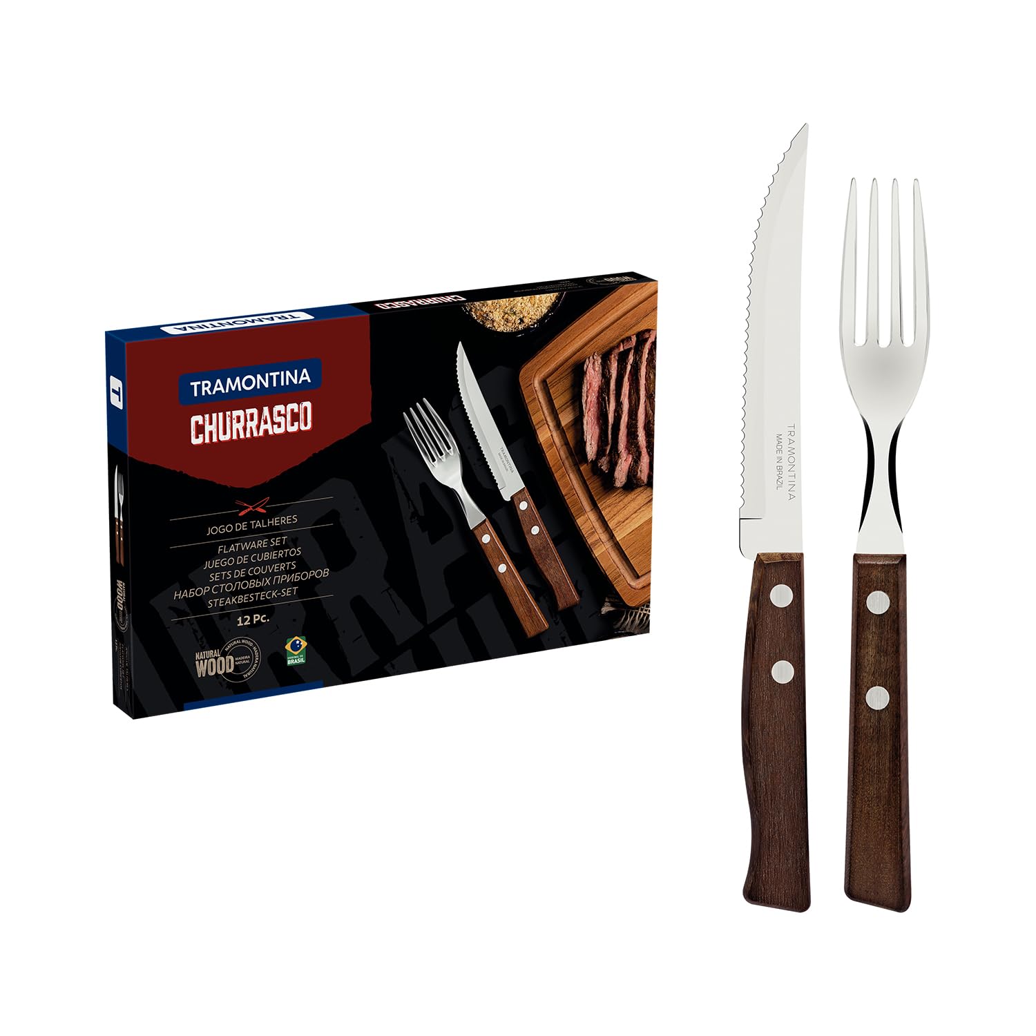 Tramontina Cutlery Set with Steak Knives, 12 Piece Sharp Knife and Fork Set with Wooden Handles, ‎Camping, Kitchen, Rustic, 22299002