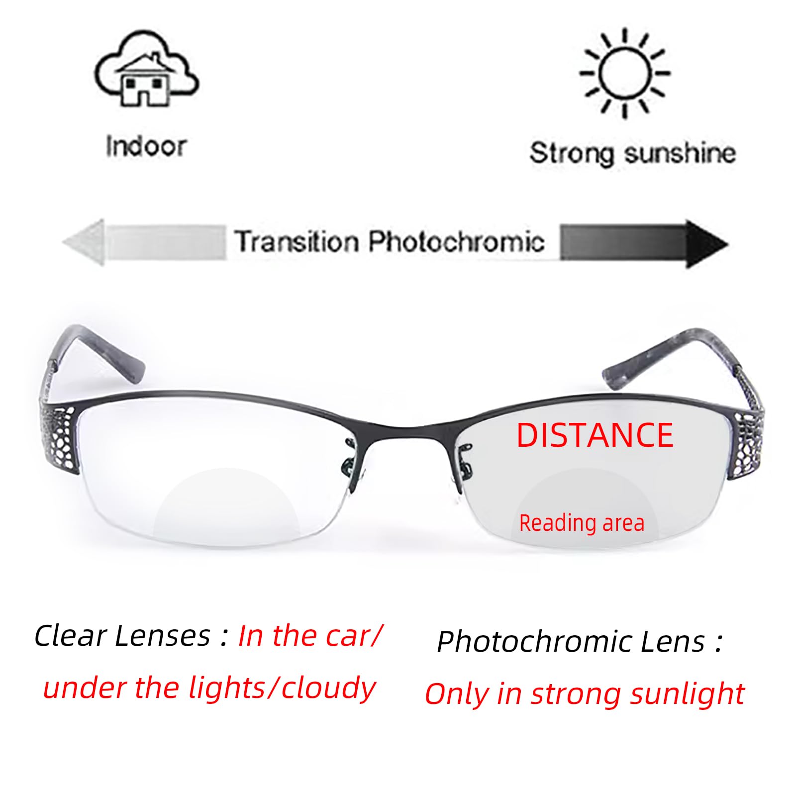 laureles Photochromic Bifocal Reading Glasses Women's Metal Oval Half Frame Transition Bifocal Readers Female (Black, 1.25, x)