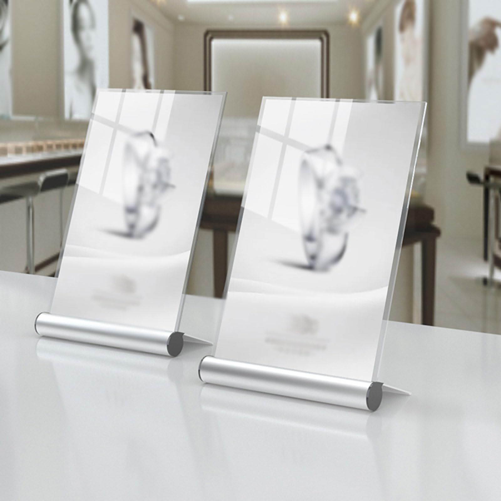 Soporte de exhibición menú mesa acrílico doble cara | Varios tamaños plateados for exhibición de menús y carteles: oficina, restaurante, hotel, cafetería(210x297mm)