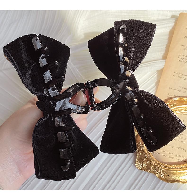 Black Bow Hair Clips for Women Girls 2Pcs Velvet Silky Satin Bow Claw Clip for Long Curly Thick Hair Strong Hold Bowknot Hair Barrettes Claw Jaw Nonslip Hair Catch Clamps Large Hair Accessories - Image 5