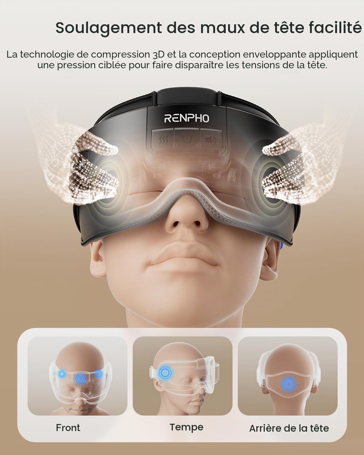 RENPHO Masseur Oculaire avec Chaleur, Masque Chauffant Yeux, Masseur Tête électrique avec Musique Bluetooth, Masseur Tete pour le Front, l'arrière de la tête et Les Tempes, Massage Yeux, Cadeau Femme