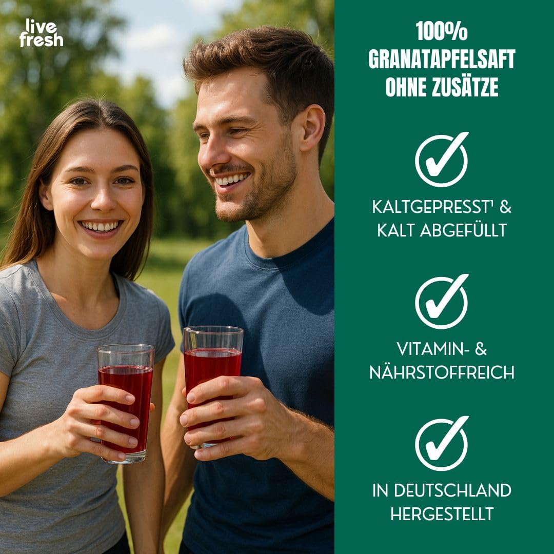 LiveFresh Granatapfelsaft Kaltgepresst¹ - 3 Liter – 100% Granatapfel Direktsaft ohne Zusätze – Nicht erhitzt – In Deutschland hergestellt