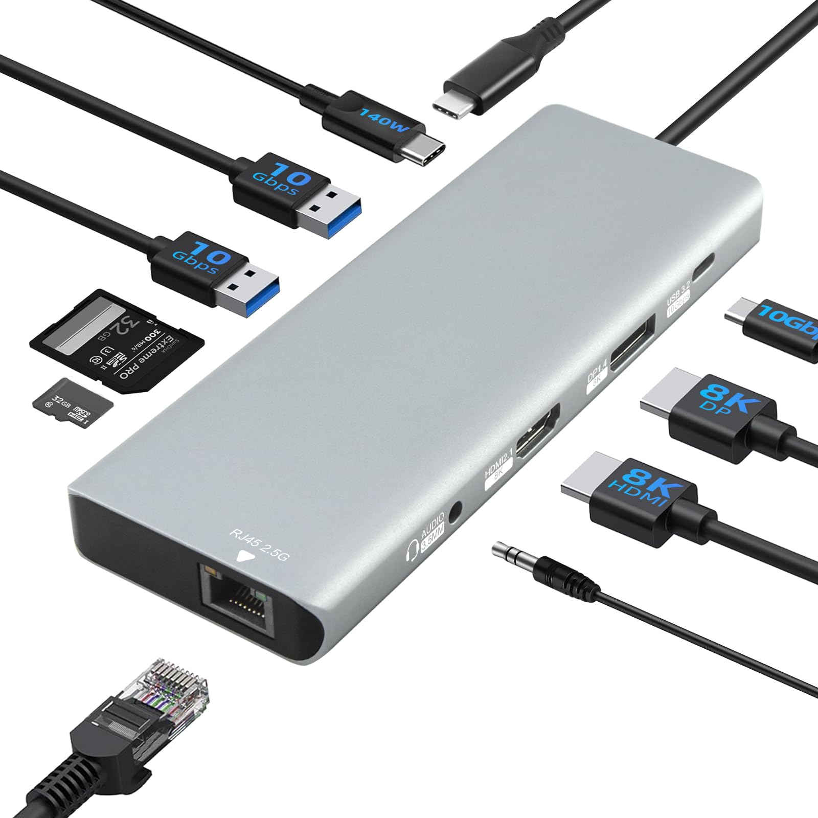 Station d'accueil USB C 10 en 1, PD3.1 140 W, HDMI 2.1 8K, DP1.4, Ethernet 2,5 G, USB 3.2 10 Gbit/s, SD/TF, prise audio, double hub d'affichage 4K @ 60 Hz pour MacBook, Windows, Steam Deck, Switch