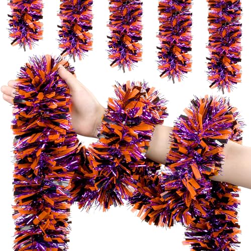 Image of 50 FT Halloween Tinsel Garland, Thick Glitter Hanging Streamers Black Orange Purple Mixed Color Metallic Tinsel Hanging Oranment for Halloween Party Supplies Indoor Outdoor Decoration