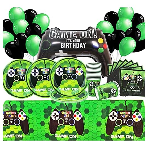 SHAMO 70 Piezas Game Party Vajilla, Game Party Supplies, Incluye Fiesta Videojuegos Platos, Tazas, Servilletas, Mantel, Látex Globos, para Decoración de Videojuegos Fiesta De Cumpleaños