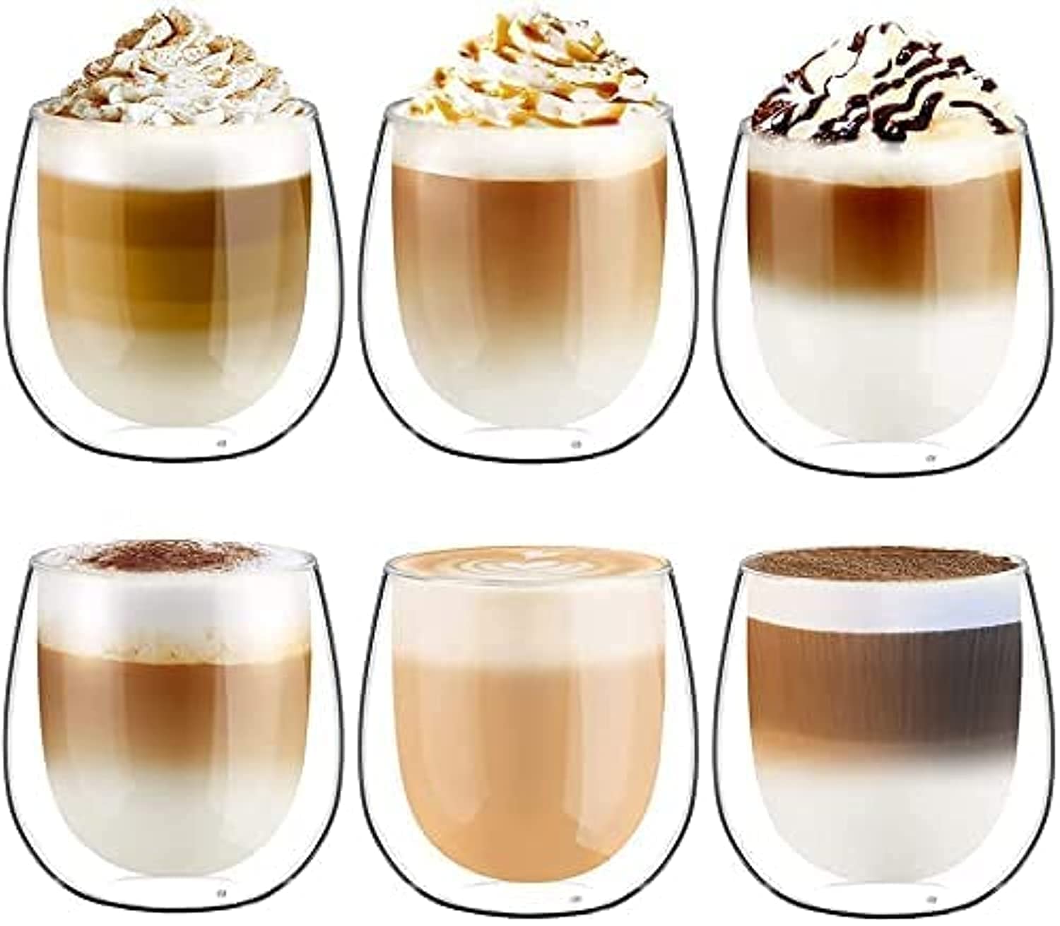 BEONE Double Walled Glass Coffee Mugs, 6pc/350ML Large Insulated Layer Coffee Cups, Clear Borosilicate Mugs, Perfect for Cappuccino, Tea, Latte, Espresso, Wine (6pcs/set, 12OZ/350ML)