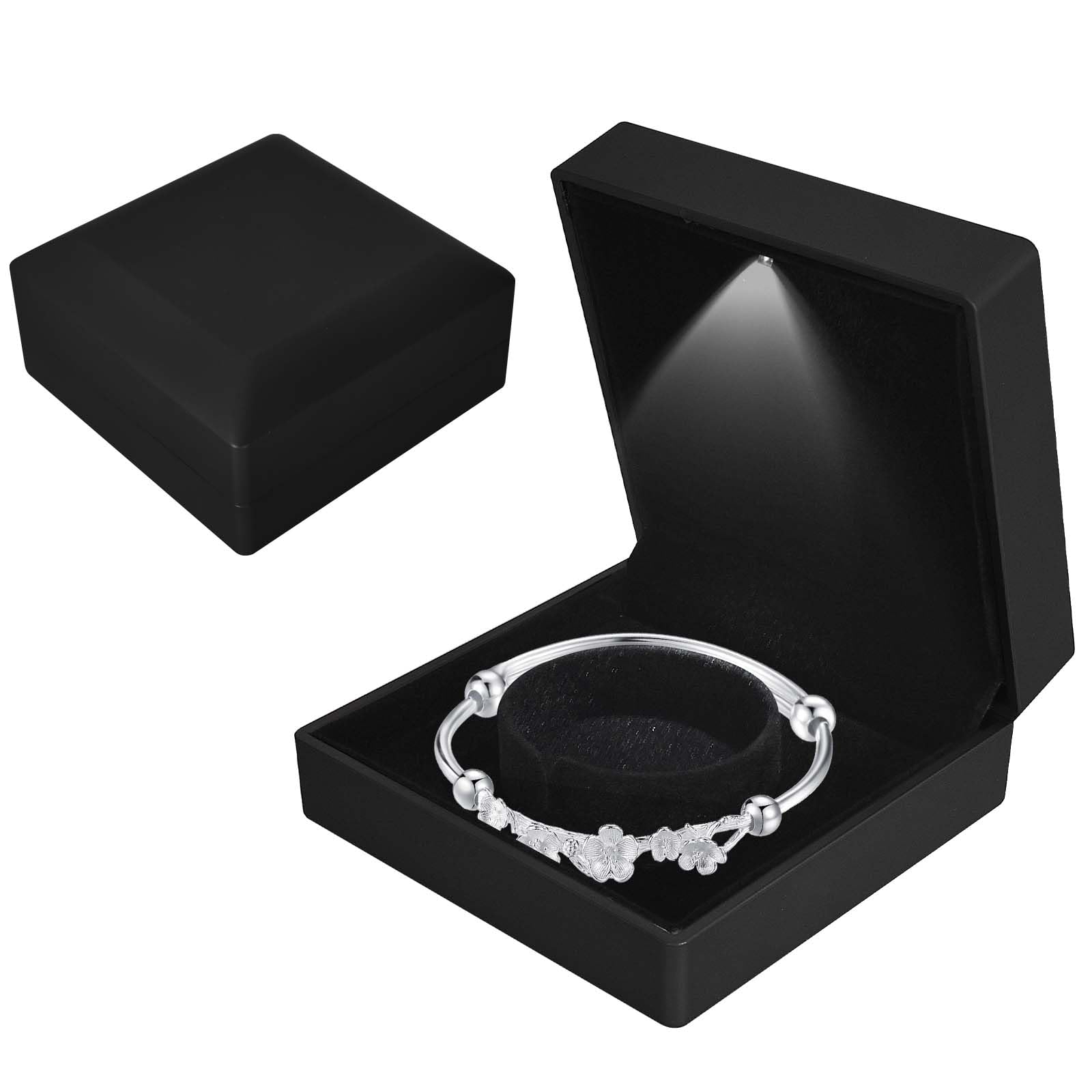 Bracelet Box with LED Light, Velvet Jewelry Pendant Necklace Bangle Light up Storage Display Case, Luxury LED Light Bracelet Gift Box, for Proposal Engagement Wedding Anniversary, 10*10*5cm, Black