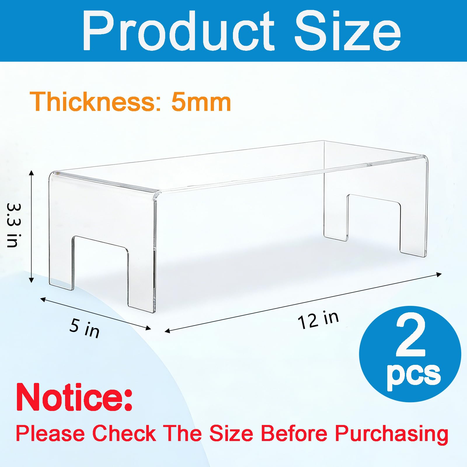 Frcctre Paquete de 2 elevadores acrílicos para exhibición, 5 mm de grosor, transparentes, pequeños, soporte de acrílico para exhibición de postres, cupcakes, juguetes, cosméticos, perfume, 12 x 5 x