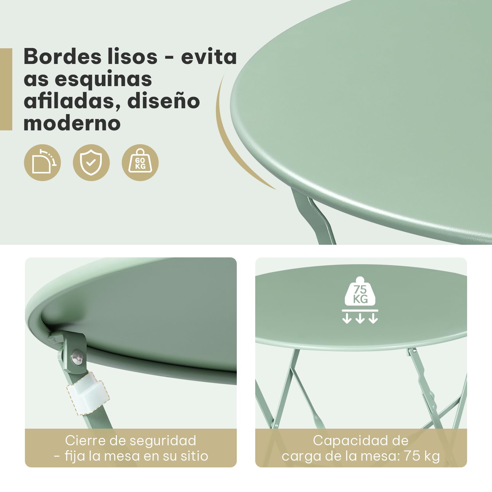 eSituro Conjunto Muebles Jardín, Mesa y 2 Sillas Plegables de Terraza, Muebles para Bistró, Balcón, Patio y Exterior, Metal Resistente, Verde