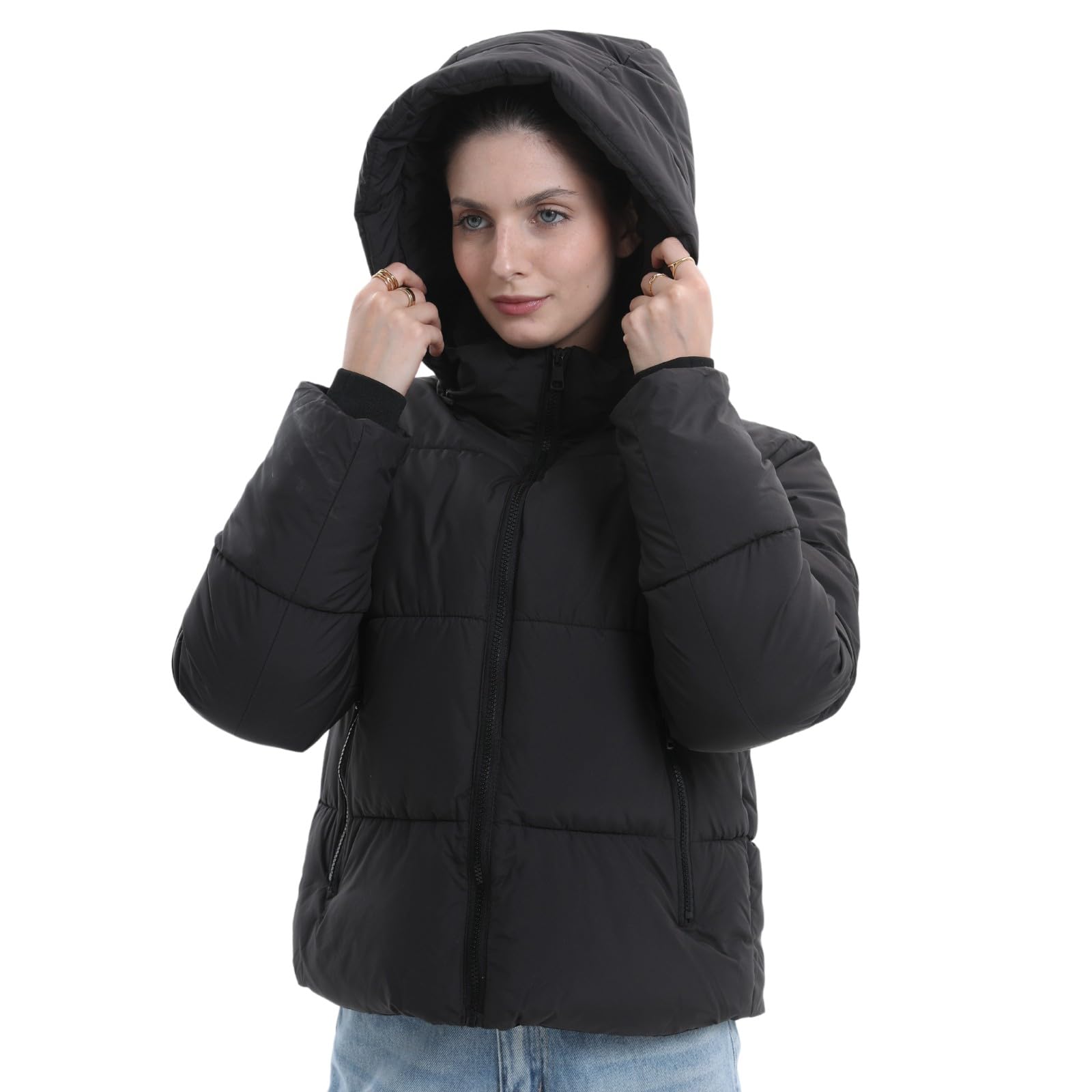PUFFIT Doudoune courte pour femme, veste d'hiver chaude avec capuche amovible, poches zippées, manteau court matelassé pour femme