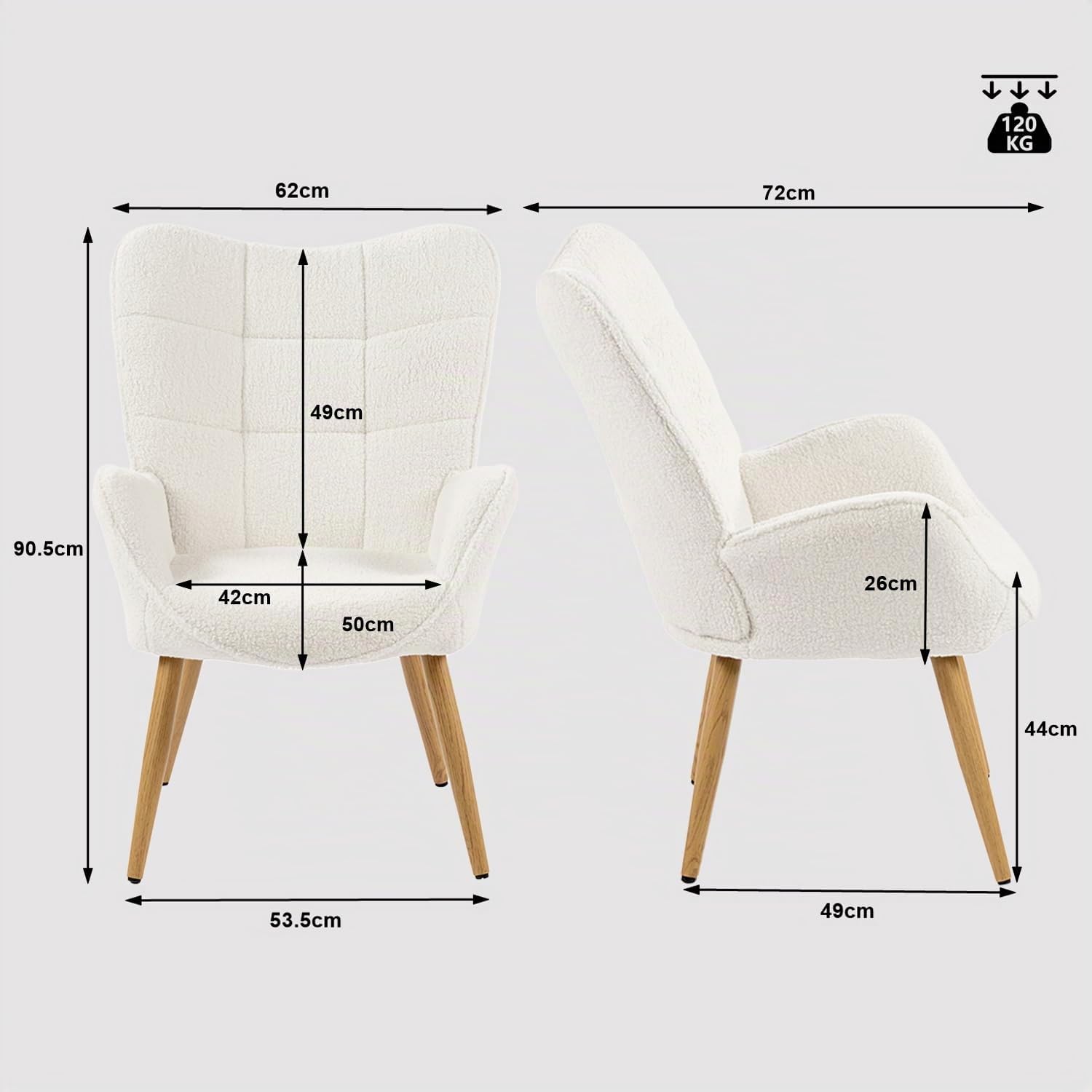 MEUBLE Cosy Sillón Nórdica Butaca de Salón para Dormitorio Silla Escandinavo con Respaldo y Reposabrazos Patas de Madera en Tela de Bucle Gris