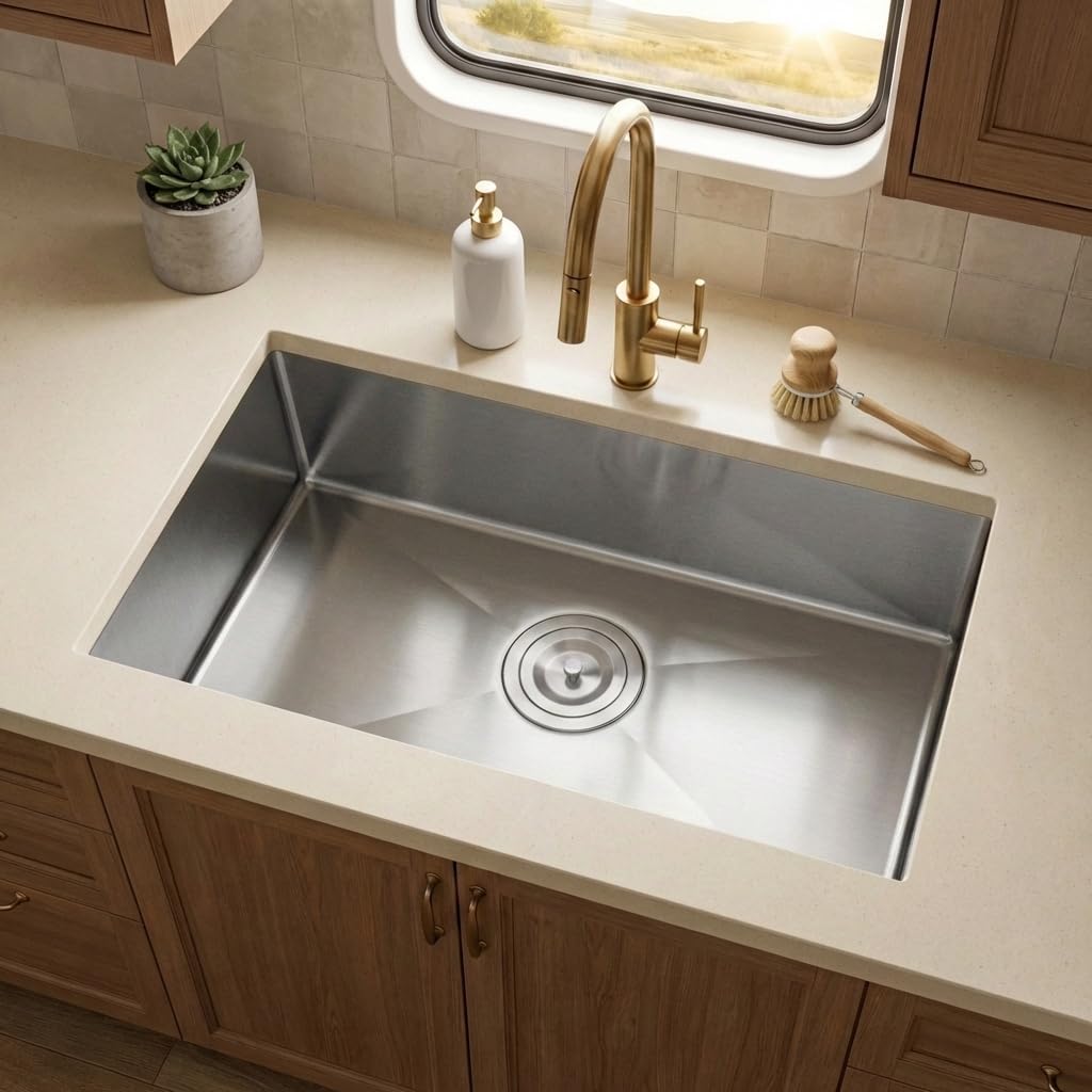 MILOSEN RV Kitchen Sink, 25''×15''×7'' 16 Gauge T304 Stainless Steel Drop-in/Undermount RV Sink, 25 inch Single Bowl Sinks for Caravans/Campervans & Site Cabins, 7 inch Depth Outdoor Trailer Sinks