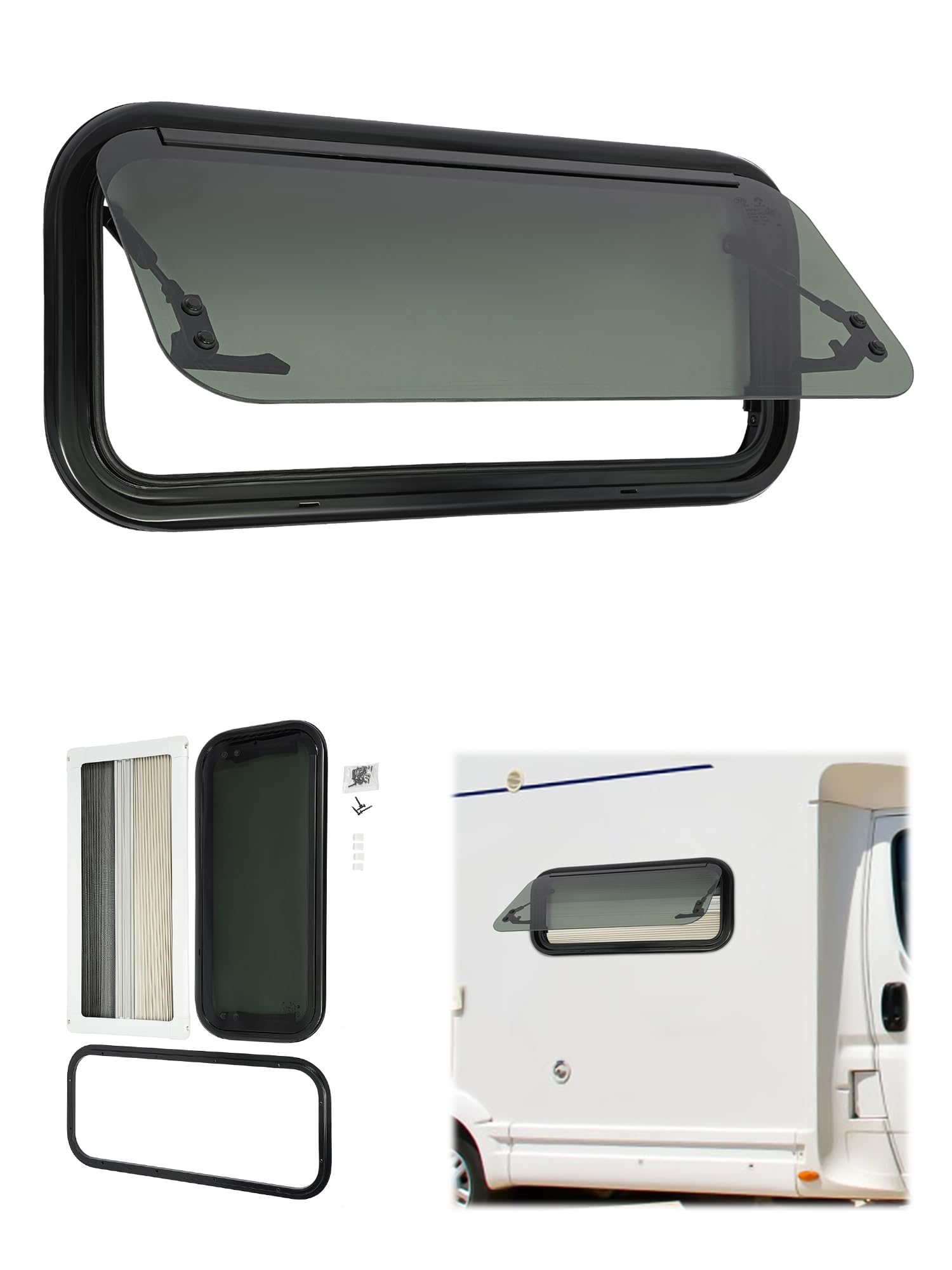 DIFU Wohnwagen Fenster E4 Camper Fenster 700x300 mm Gehärtetes Glas Wohnmobilfenster 85° Ausstellfenster mit Fliegengitter und Rollo | Insekten-, Sonnen- & Sichtschutz | für Kastenwagen Caravan