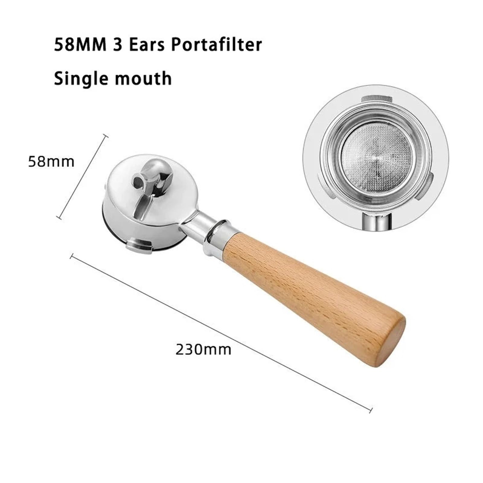 Portafiltro, compatible con Barsetto, mango 58MM 3 Ear | Boquilla simple y doble, acero inoxidable 304, filtro reutilizable de malla fina 20g(58mm-single mouth-A2)