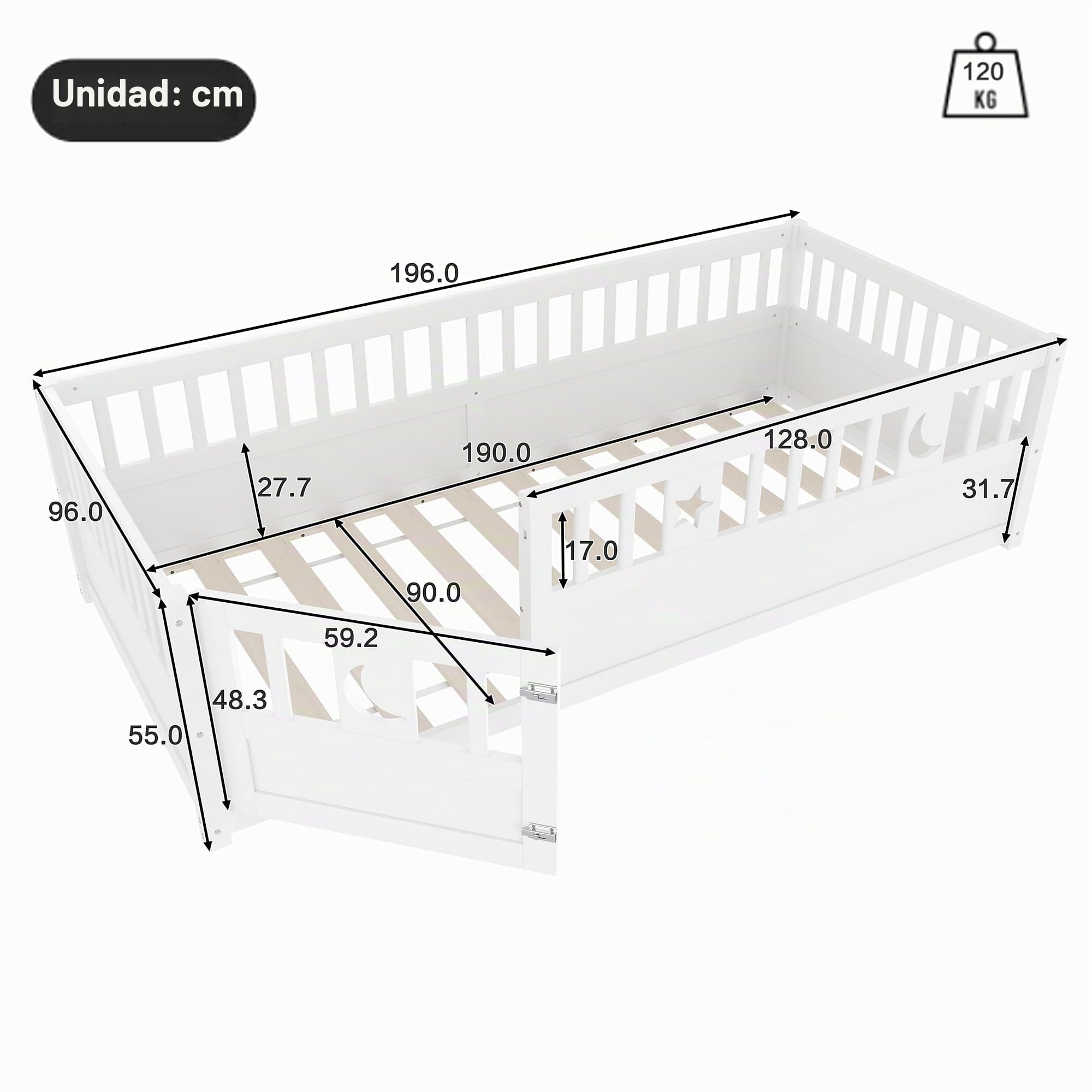 Cama de 90 x 190 cm, cama de panel, cuna con rejilla, cuna Montessori con marco de puerta libre, protección contra caídas y somier de listones, sin colchón, estilo minimalista (blanco)