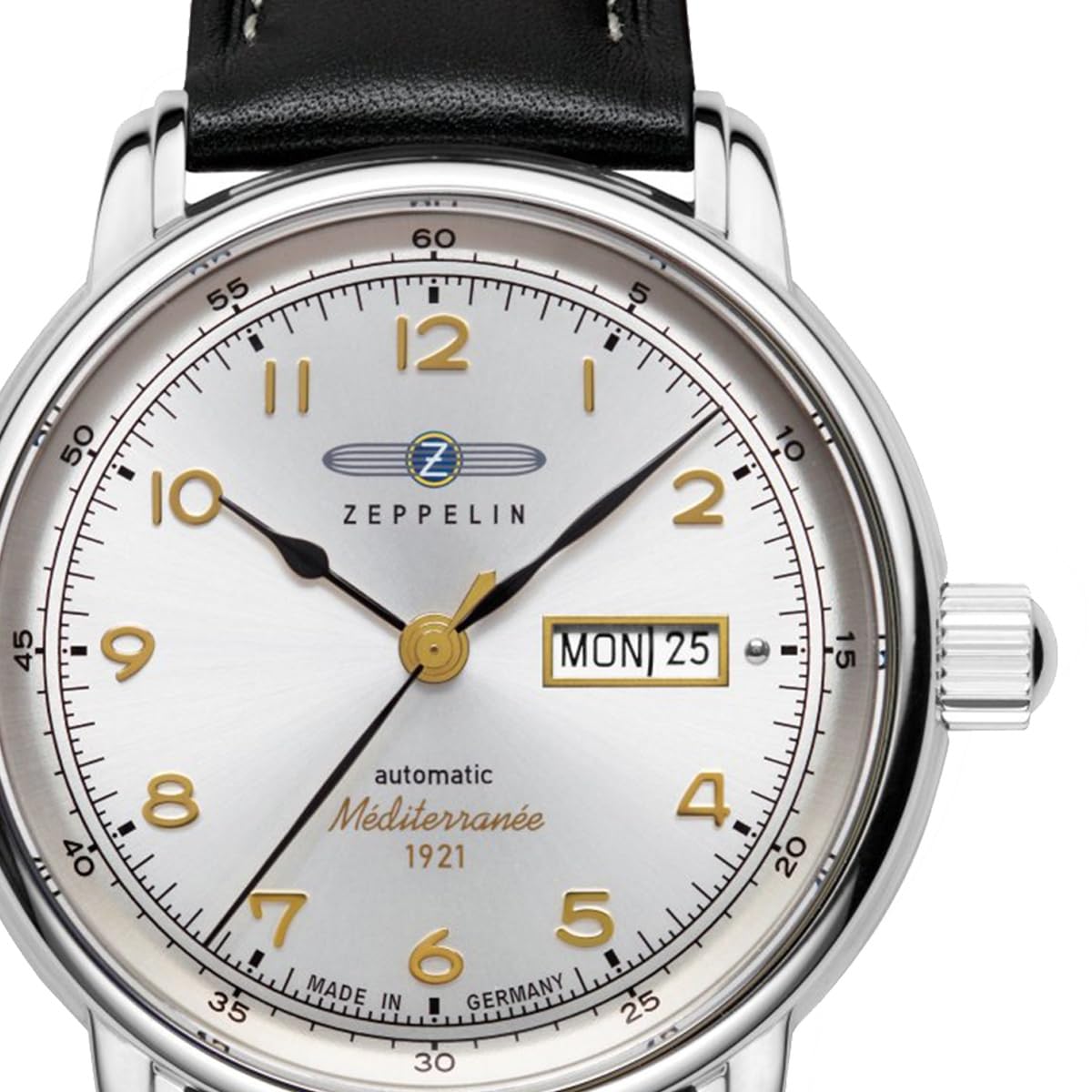 Zeppelin 9664-1 Méditerranée Montre automatique pour homme 40 mm | Fabriqué en Allemagne, cadran argenté, mouvement automatique, bracelet en cuir, date et jour de la semaine, 5 ATM