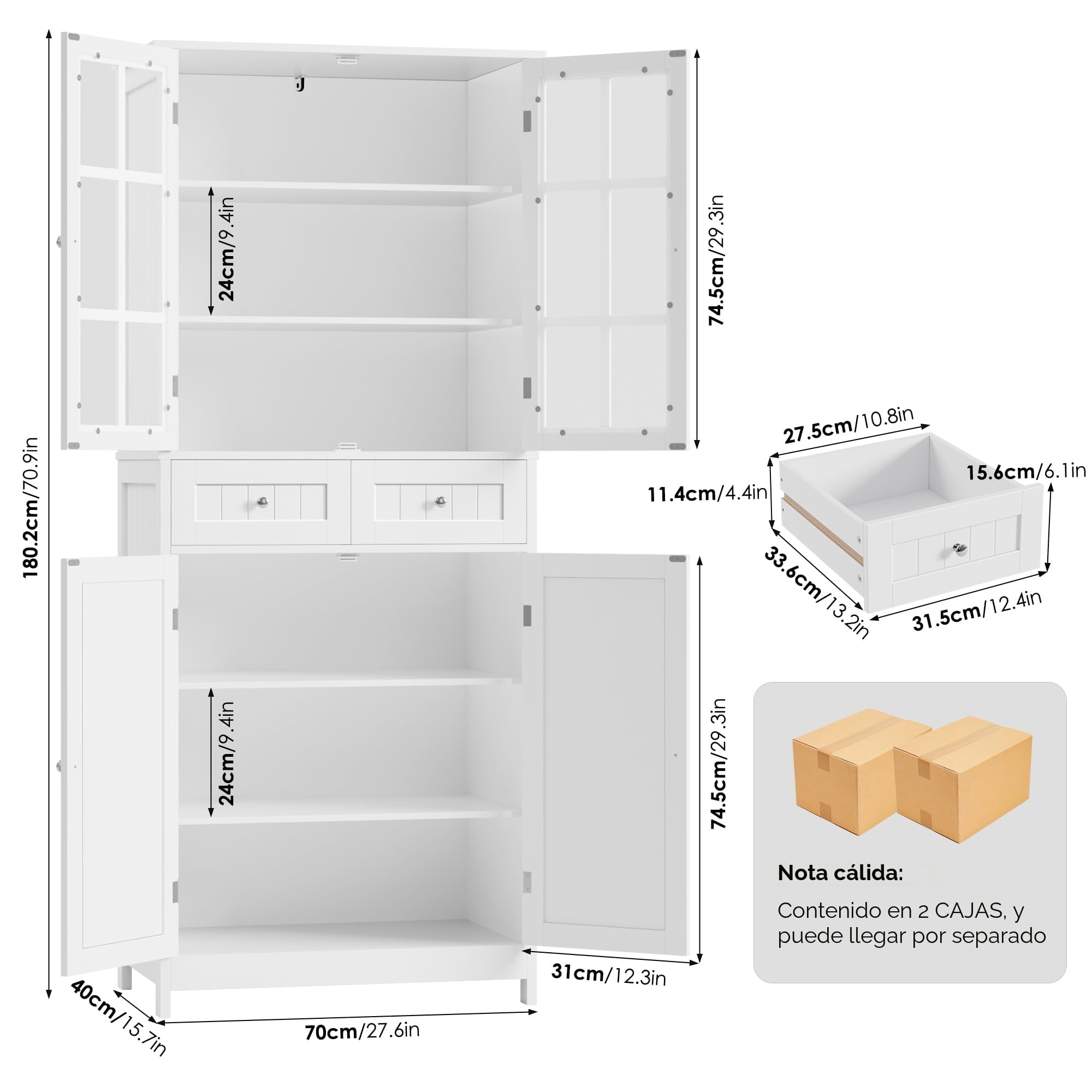 HOCSOK Alacena de Cocina, Armario Despensa con 4 Puertas y 2 Cajones, Vitrina Cocina con 2 Puertas de Vidrio para Comedor, Oficina y Sala de Estar, Moderno, Blanco