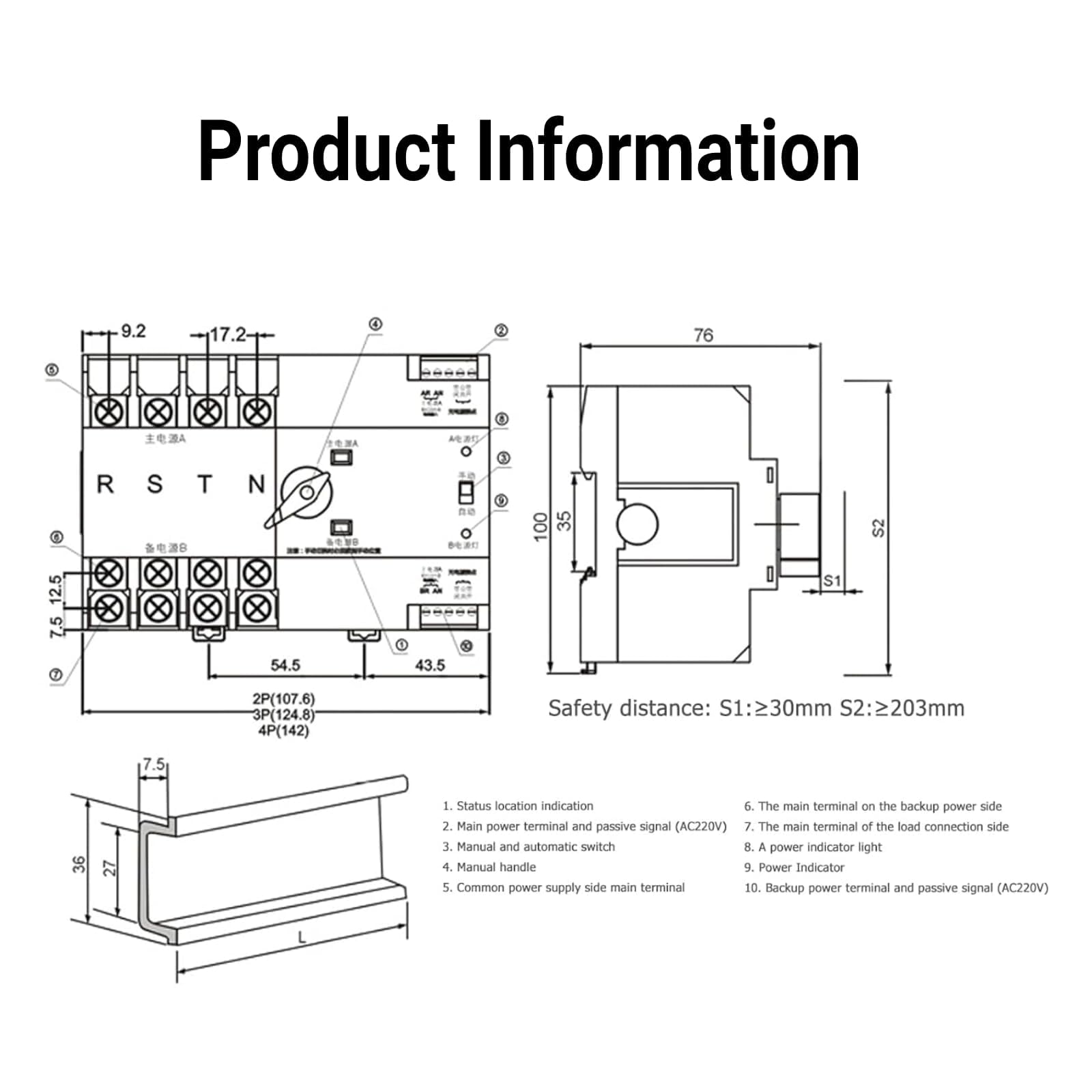 Interruttore di trasferimento, interruttore di trasferimento automatico a doppia potenza, controller di interruttore di trasferimento a 2 vie senza interruzione ZGQ5-100/2P 220V