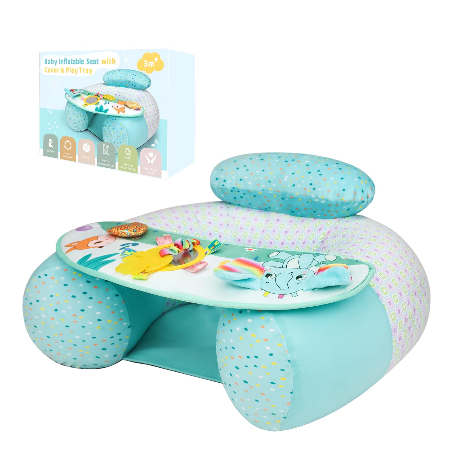 Inflatable Baby Chair with Cover for Babies 3-36 Months, Portable Baby Sit Me Up Floor Seat with Detachable Activity Sensory Tray, Babies Seats for Sitting up, Green