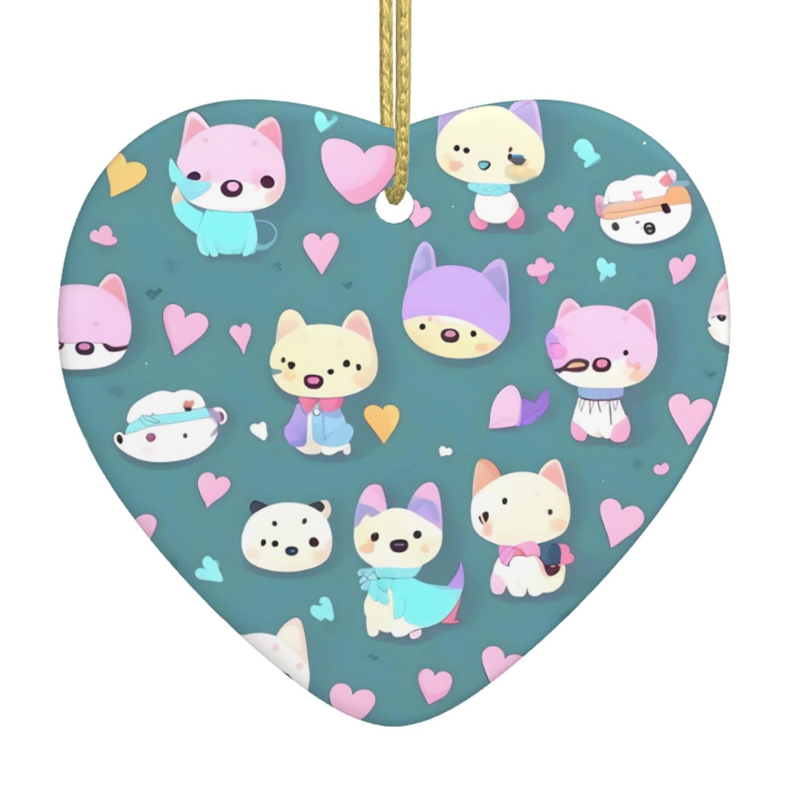 Cute Little Fox Ceramic Christmas Heart Pendant with Silk Thread, Christmas Tree Home Decoration