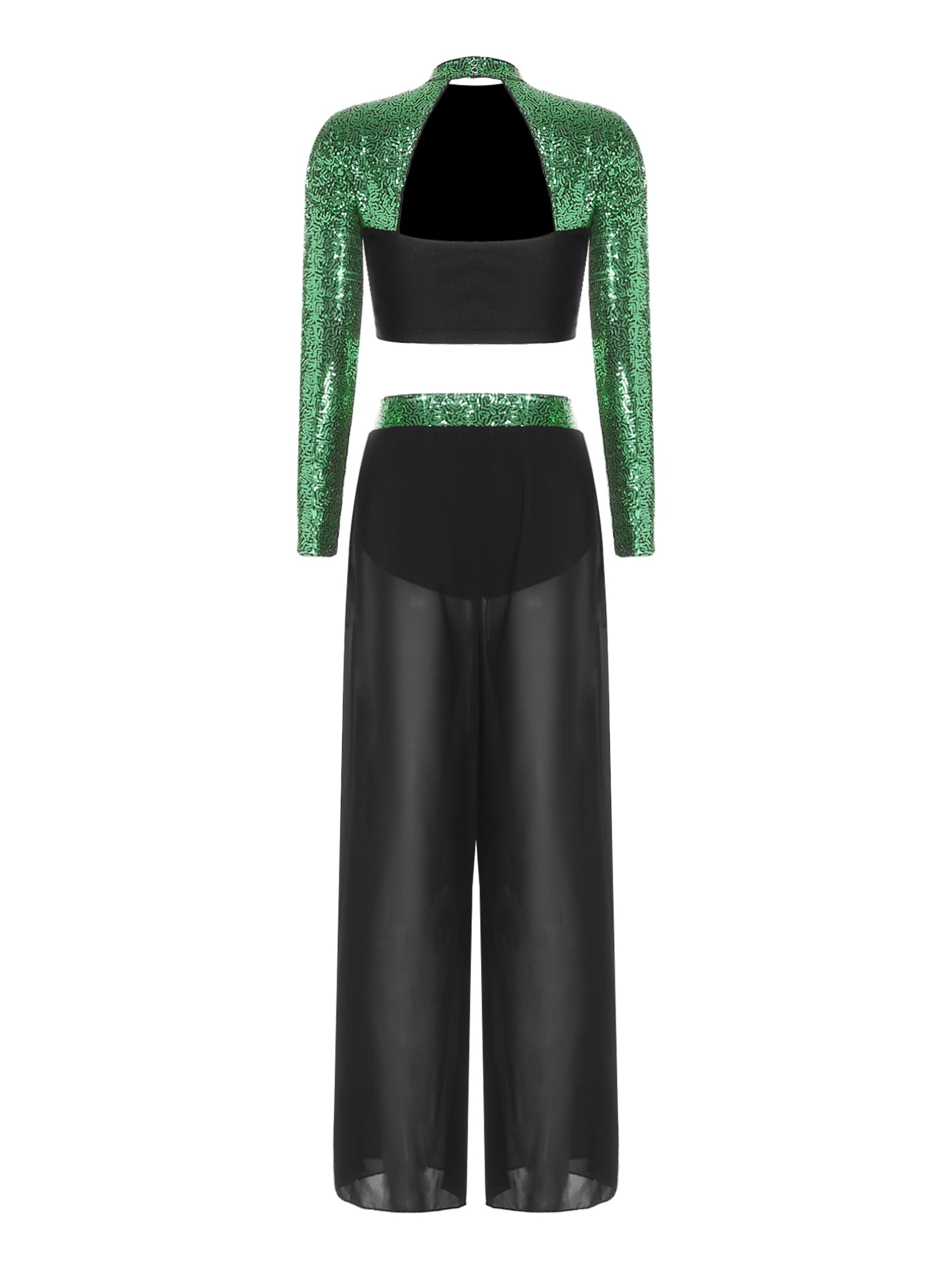 ranrann Traje Baile Contemporáneo de 2 Piezas para Mujer con Lentejuelas Crop Top de Manga Larga y Pantalones Traje de Gimnasia Rítmica para Actuación S-XXL