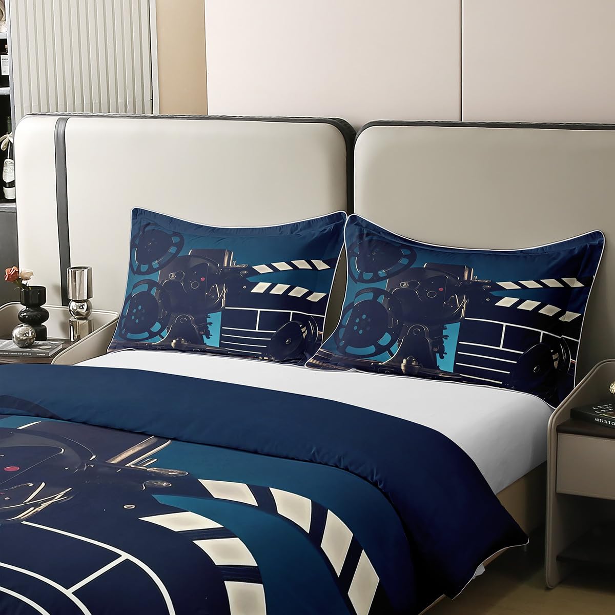 Homewish Set di biancheria da letto in 100% cotone con film Clapper, per bambini, uomini, donne, film di vecchia moda, con macchina fotografica, nero e grigio, morbido e comodo