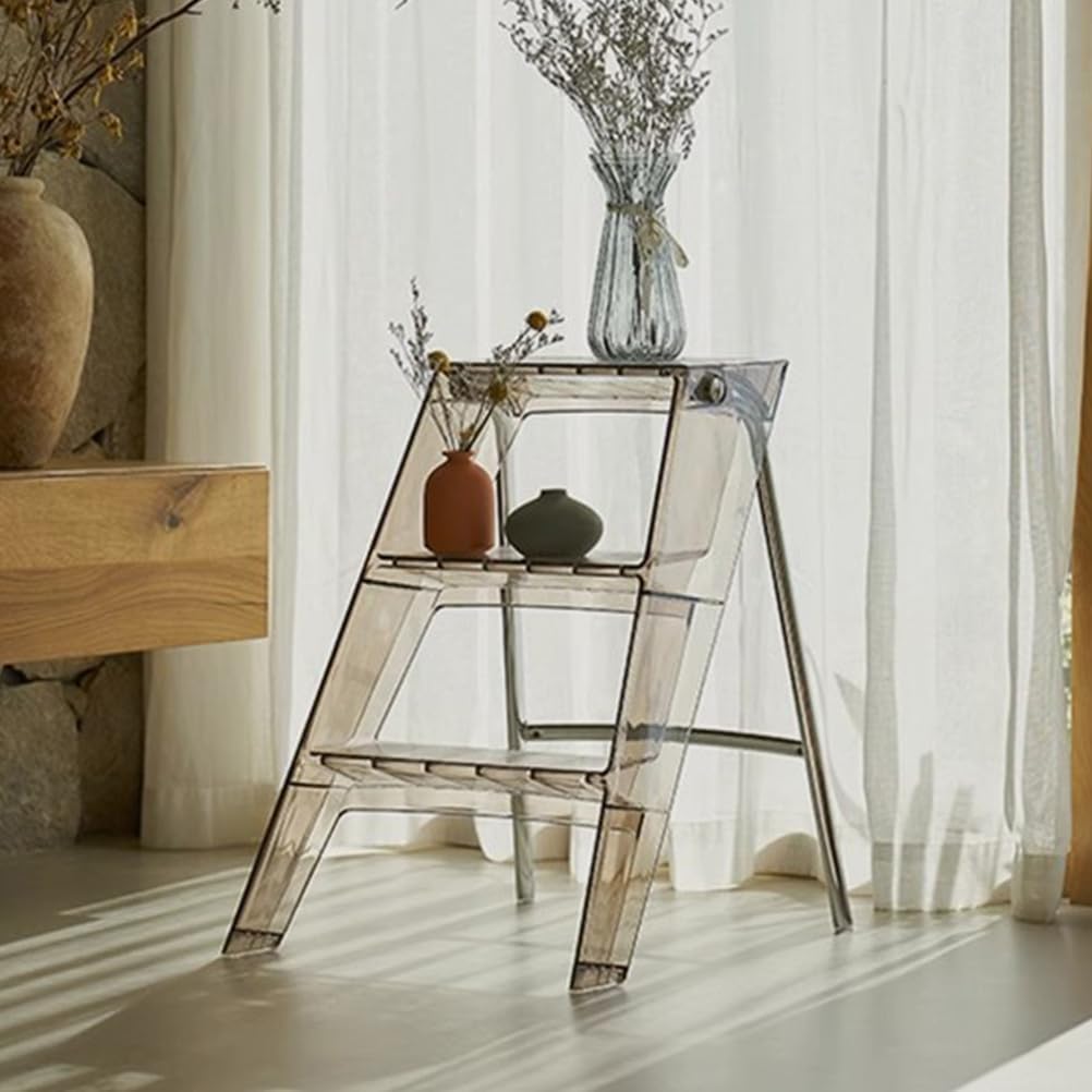 Acrylic 3 Step Ladder, Decorative Modern Foot Stools, 2-in-1 Design Folding Steps Stool, for Home and Office Use, Easy to Store and Carry,Orange
