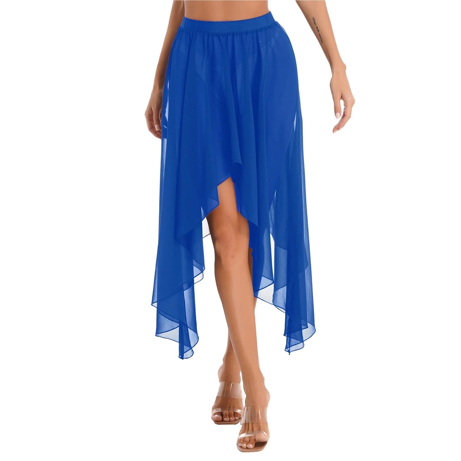 TRRYUIP Belly Dance Skirt Women Chiffon Belly Ballroom Dance Dancewear Elegant Mid-Long Latin Asymmetrical Hem Skirts(Blue A)