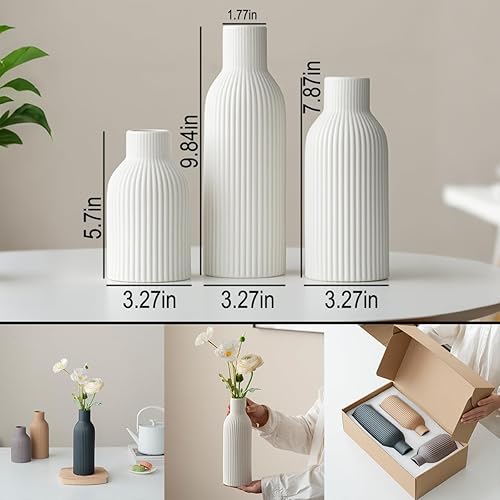 Miniatura 2 de Juego de 3 jarrones de cerámica modernos, jarrones decorativos acanalados blancos, centro de mesa para decoración del hogar (blanco)