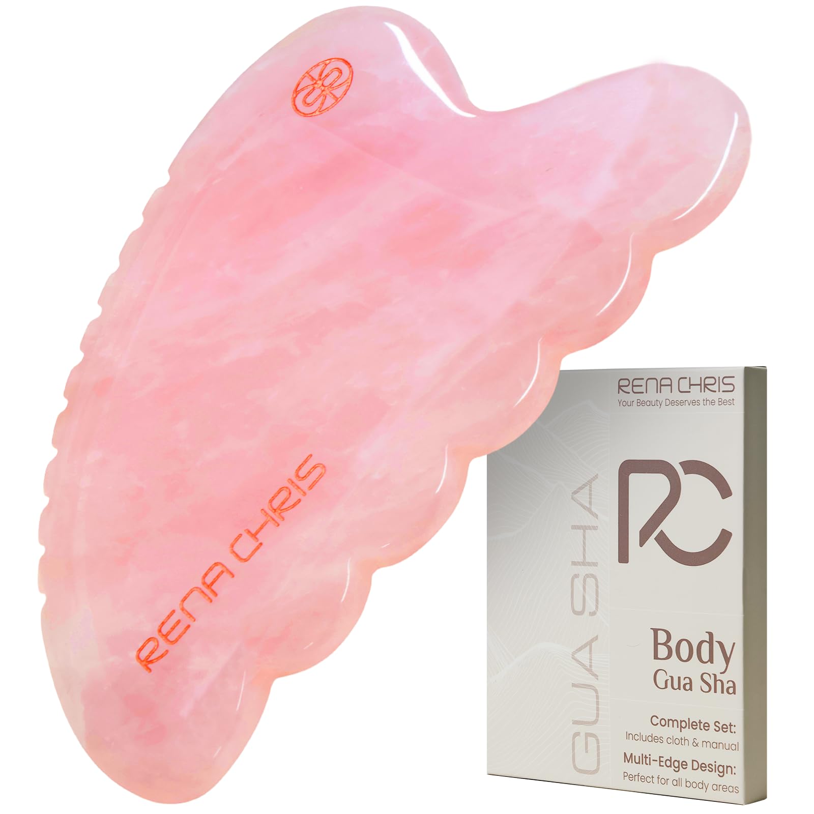 Rena Chris Body Gua Sha Tools, Natural Rose Quartz Jade GuaSha Tool, Manual Massage Sticks for Jawline Sculpting and Puffiness Reducing, Whole Body Skin Care Massager (Pink)