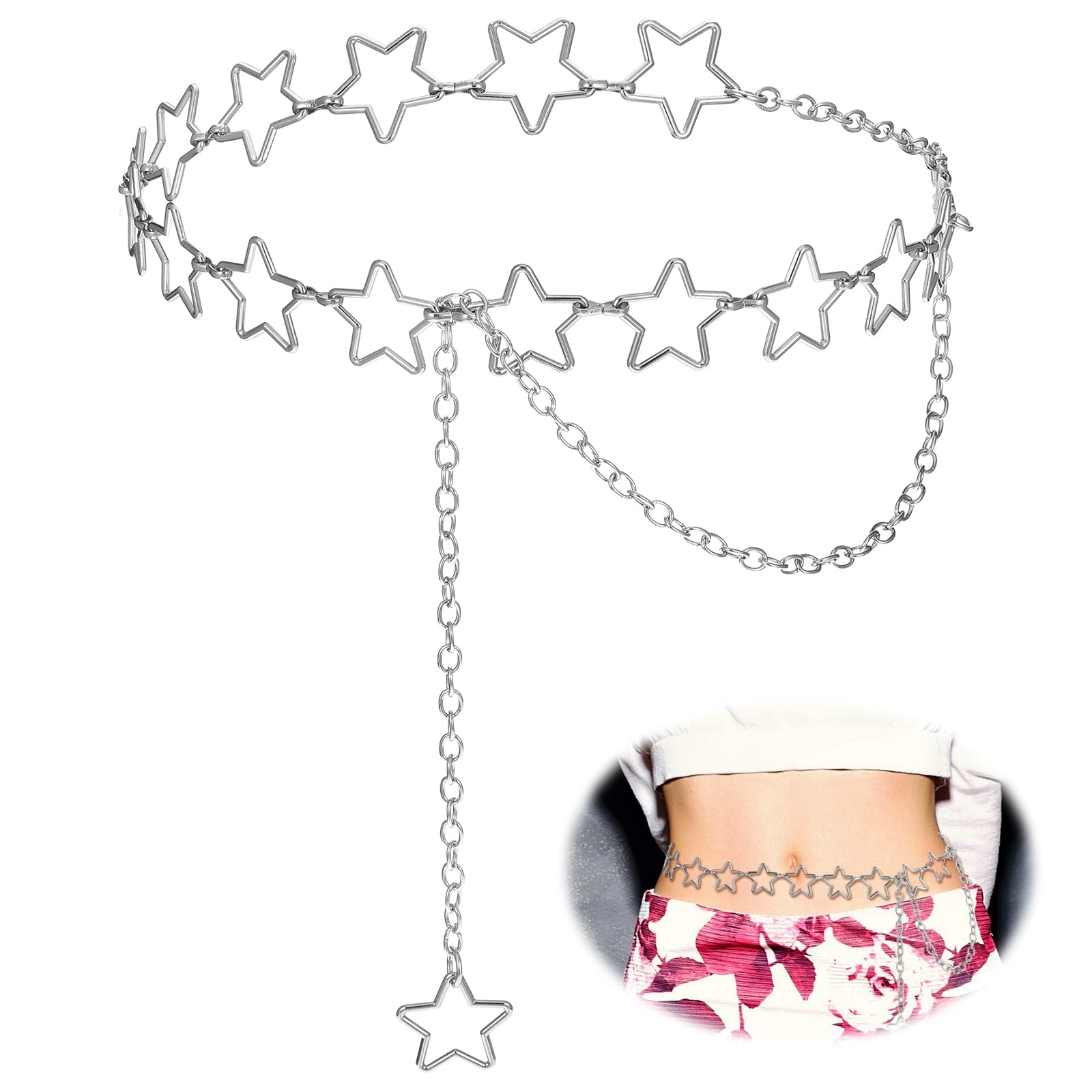 Womens Star Waist Chain Belt Adjustable Metal Body Chain Jewelry Silver Belly Chains for Dresses Jeans Y2K Goth