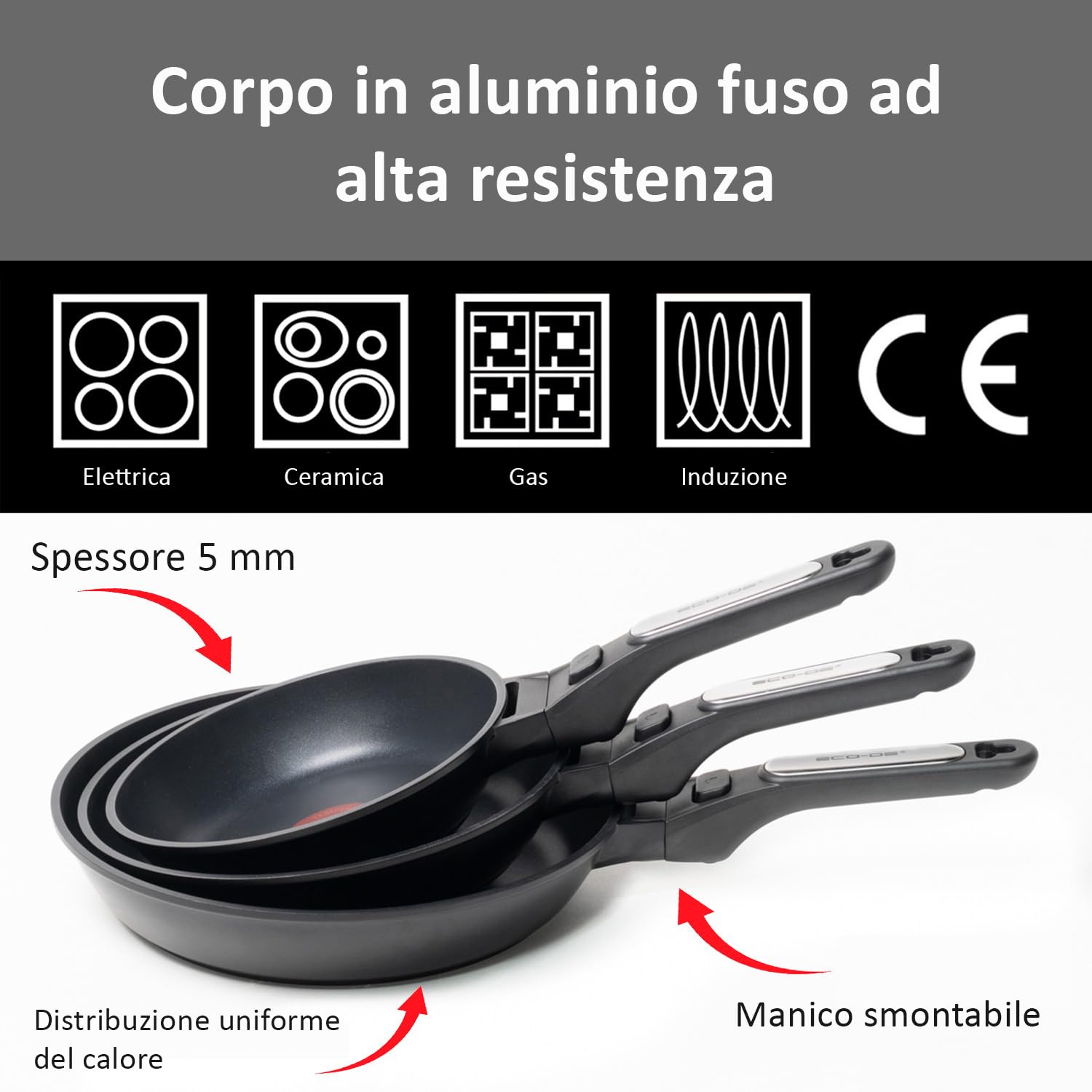 ECODE Set Padelle Antiaderenti per Induzione e Gas con 3 Manici Removibili – Kit Salvaspazio da 20, 24 e 28 cm Adatte a Forno, Lavastoviglie e Tutti i Piani Cottura – In Alluminio Fuso Non Tossiche