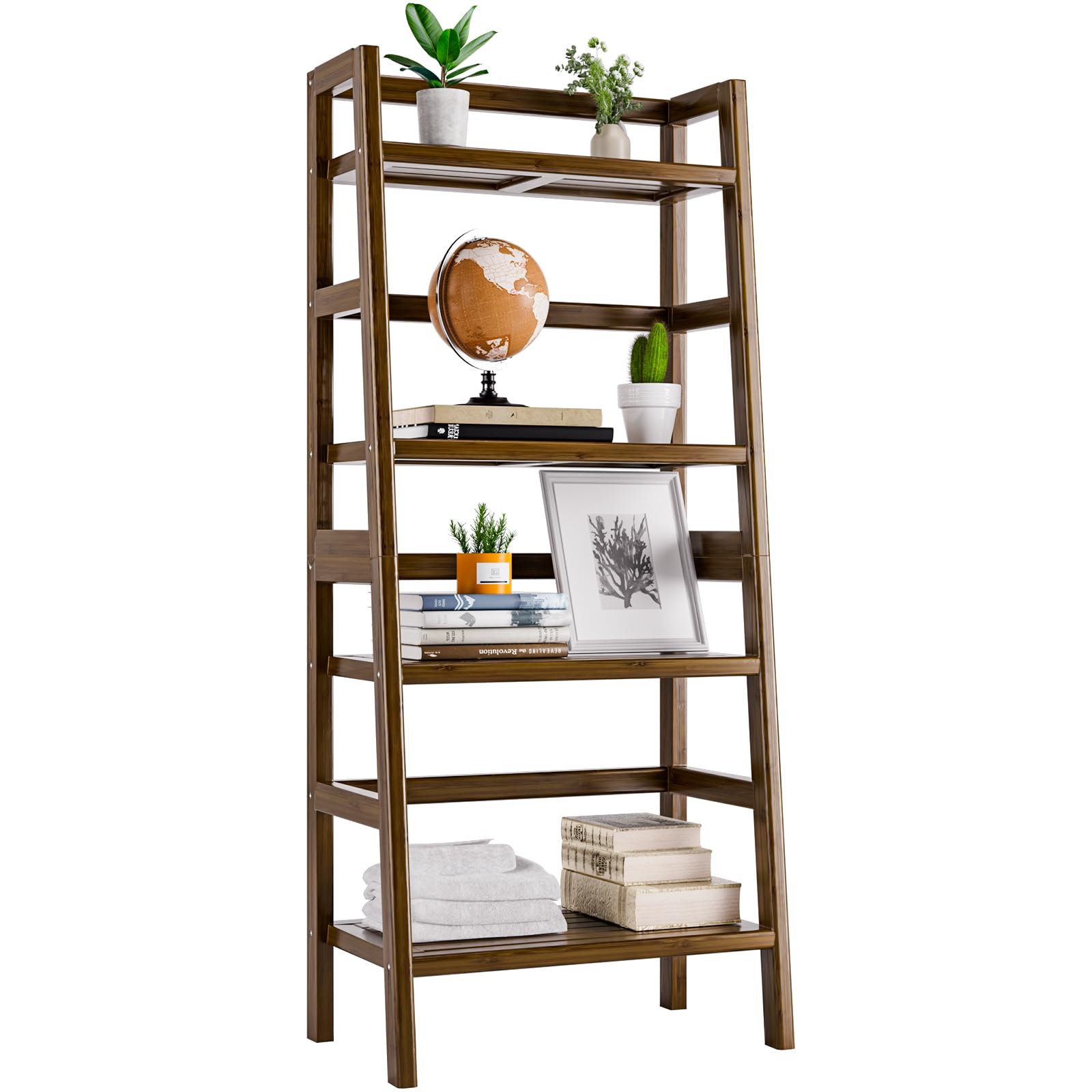 Ladder Bookcase, 4-Tier Leaning Bookshelf, Freestanding Open Display Storage Rack Shelf, Small Flower Plant Stand, Space Saving Bamboo Book Shelf, Walnut