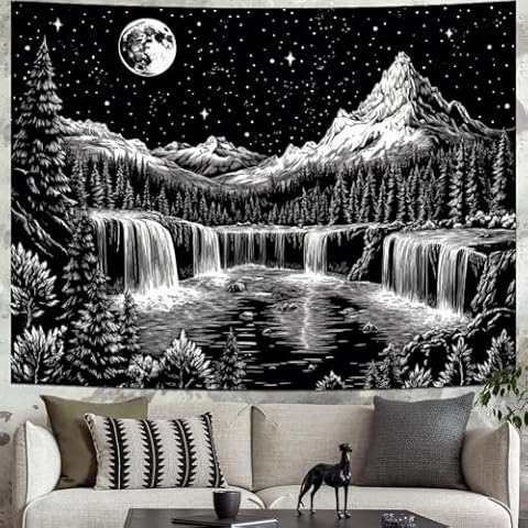 Leofanger Black and White Tapestry Starry Night Mountain Tapestry Aesthetic Moon Wall Tapestry Nature Forest Tapestry Galaxy Space Tapestry Wall Hanging for Home Decor(59.1"x78.7") Cover