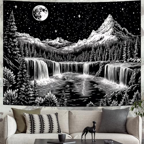 Leofanger Black and White Tapestry Starry Night Mountain Tapestry Aesthetic Moon Wall Tapestries...