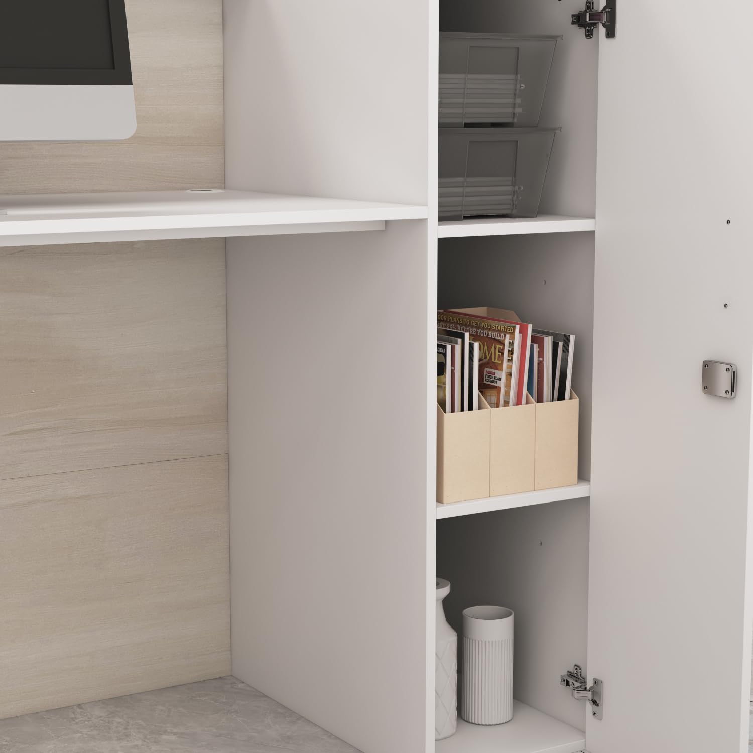 Banco di reception, grandi banchi con ripiani regolabili, bancone della reception, mobili da ufficio, colore legno e bianco, 180 x 60 x 110 cm, MDF, moderno ed elegante